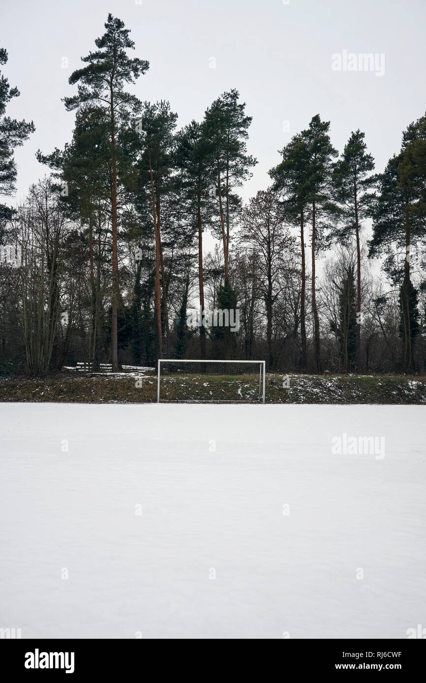 Fußballtor im Winter an einem Waldrand, Spielfeld, Schnee Stock Photo