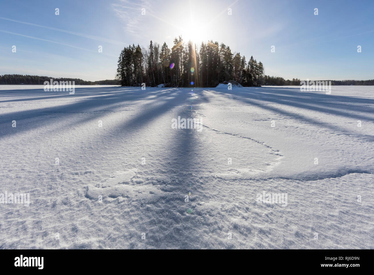 Finnland, Saimaa-Gebiet, Insel im Winter mit Schnee und Sonne mit Schatten Stock Photo