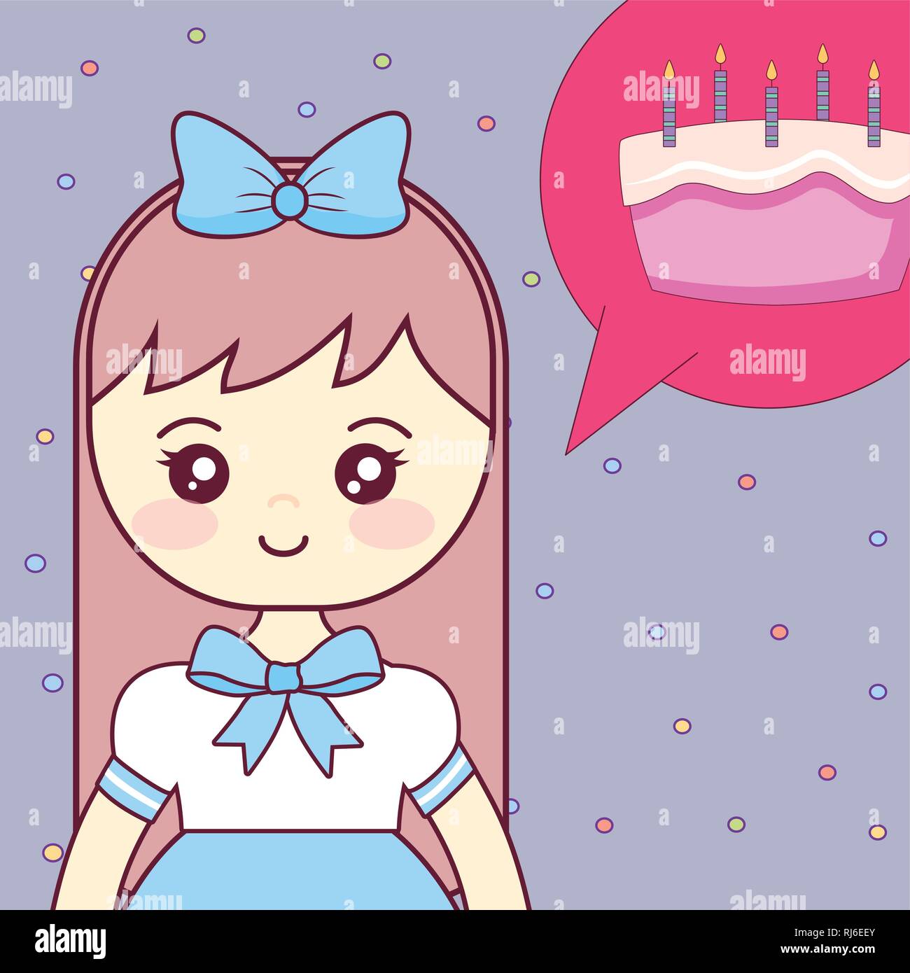 cute and little girl thinking in sweet cake vector illustration design Stock Vector