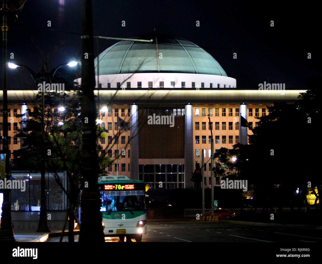 South Korean Parliament building façade by night, Yeouido, Seoul Stock Photo