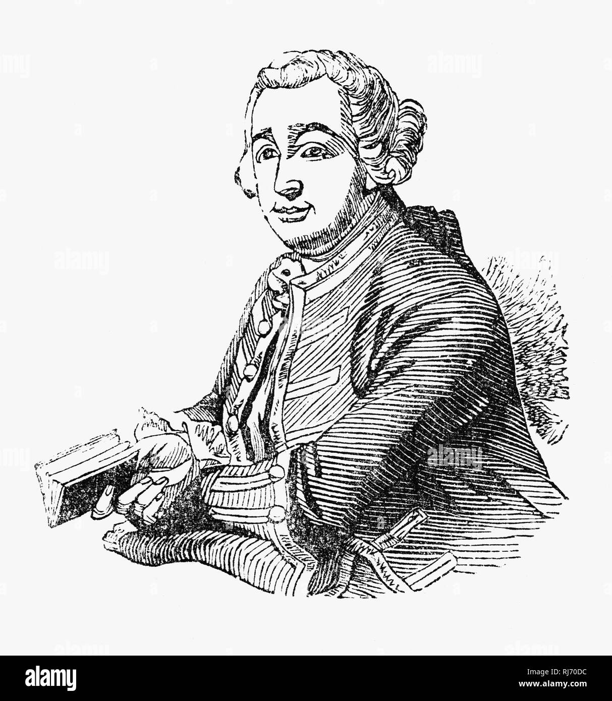 David Garrick (1717-1779) was an English actor, playwright, theatre manager and producer who influenced nearly all aspects of theatrical practice throughout the 18th century, and was a pupil and friend of Dr Samuel Johnson. He appeared in a number of amateur theatricals, and with his appearance in the title role of Shakespeare's Richard III, audiences and managers began to take notice. From his first performance, Garrick departed from the bombastic style that had been popular, choosing instead a more relaxed, naturalistic style. Stock Photo