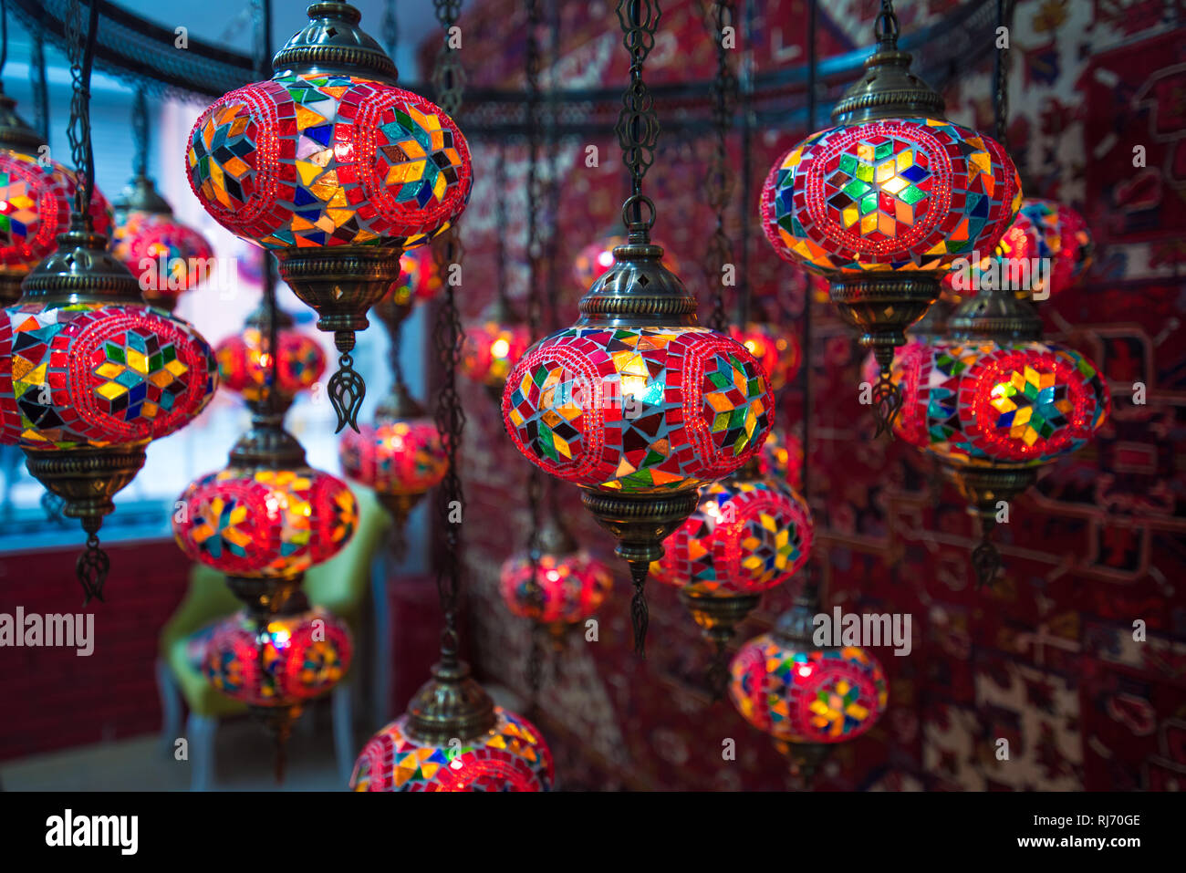 Amazing traditional handmade turkish lamps in souvenir shop. Mosaic of