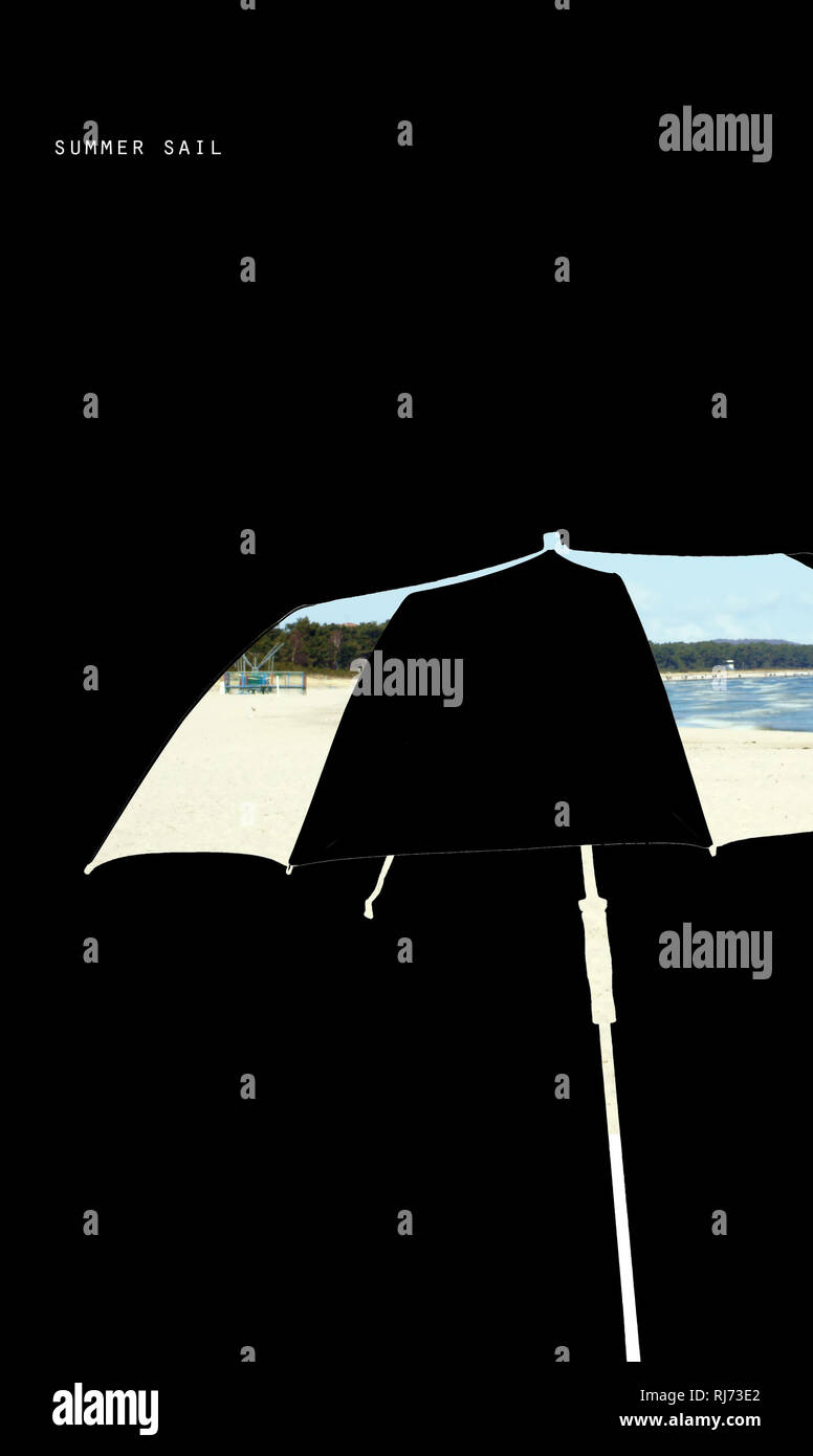 Montage eines isolierten Sonnenschirms mit dem Strand des Seebades Binz an der Ostsee, Stock Photo