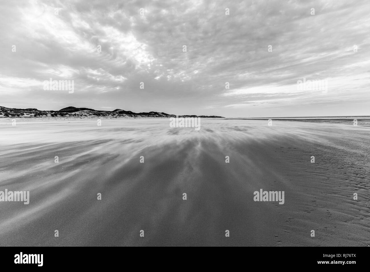Deutschland, Norddeutschland, Amrum, weitläufiger Strand mit Wind Stock Photo