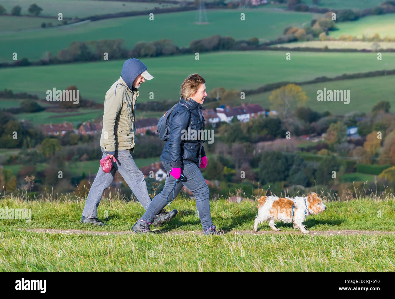 Couple of people walking in the countryside wearing hats & coats, walking a dog on a cold day in Autumn at the South Downs in West Sussex, UK. Stock Photo