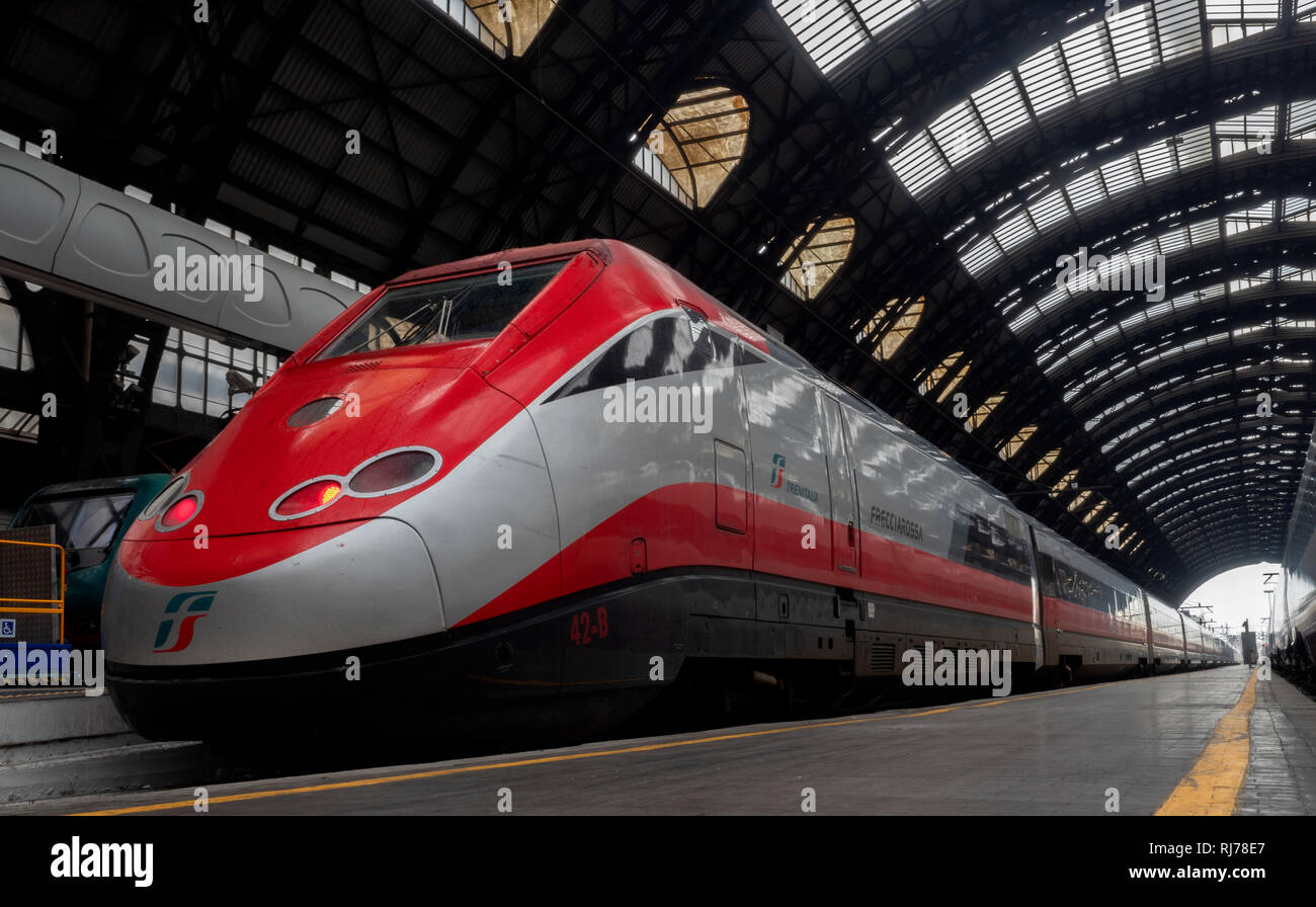 Freccia Rossa ETR 500 Eurostar high speed train at Milan Central Railway Station, Milan, Lombardy, Italy. Stock Photo