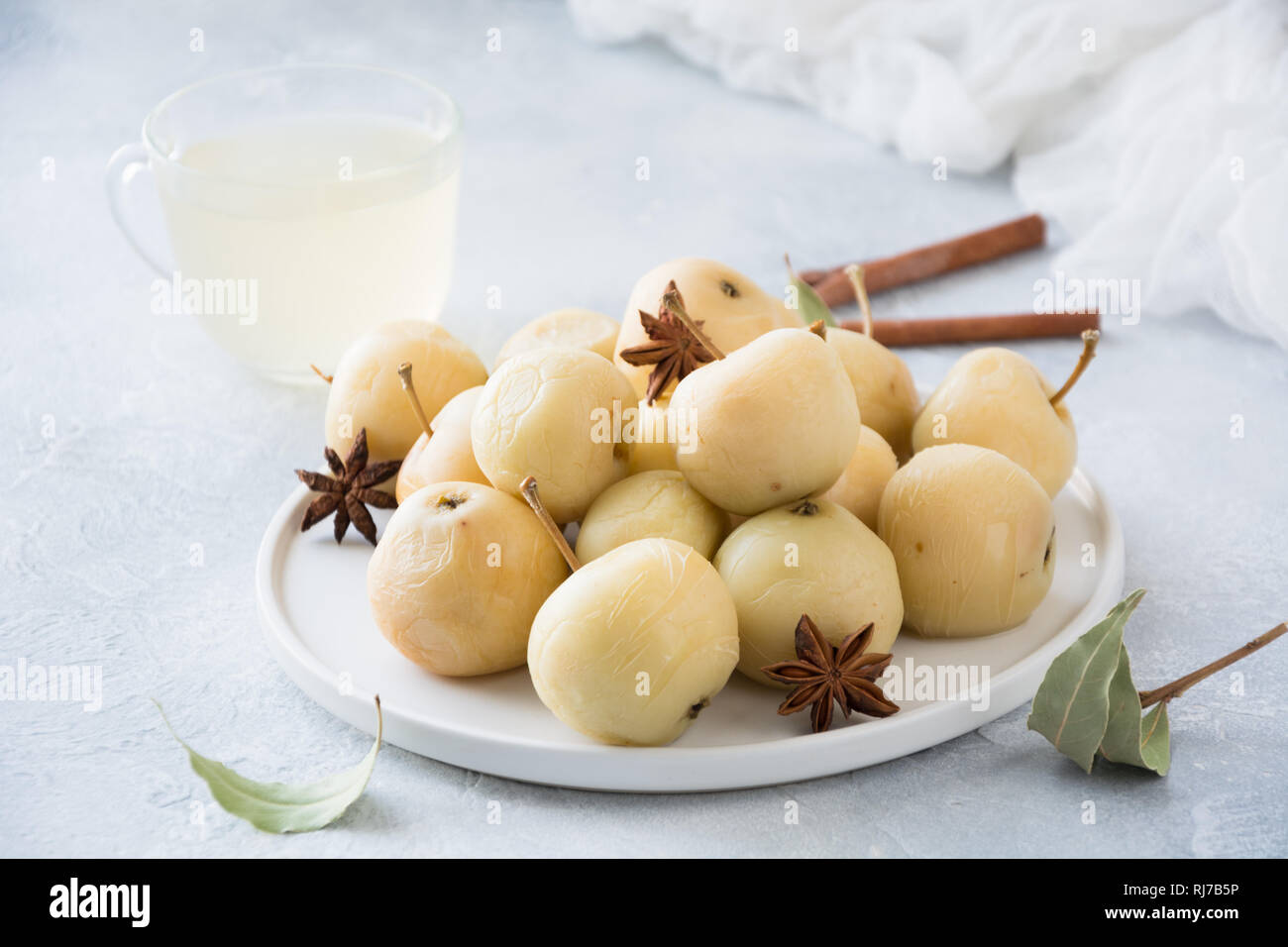 Pickled apples in plate. Fall harvest. Traditional Russian food Stock