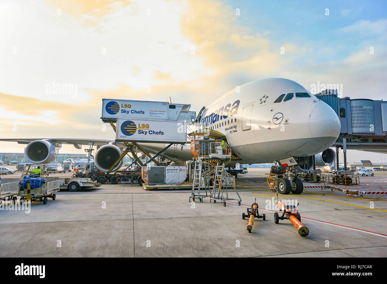 FRANKFURT, GERMANY - CIRCA MARCH 2016: Lufthansa Airbus A380 docked in Frankfurt Airport. Frankfurt Airport is a major international airport located i Stock Photo