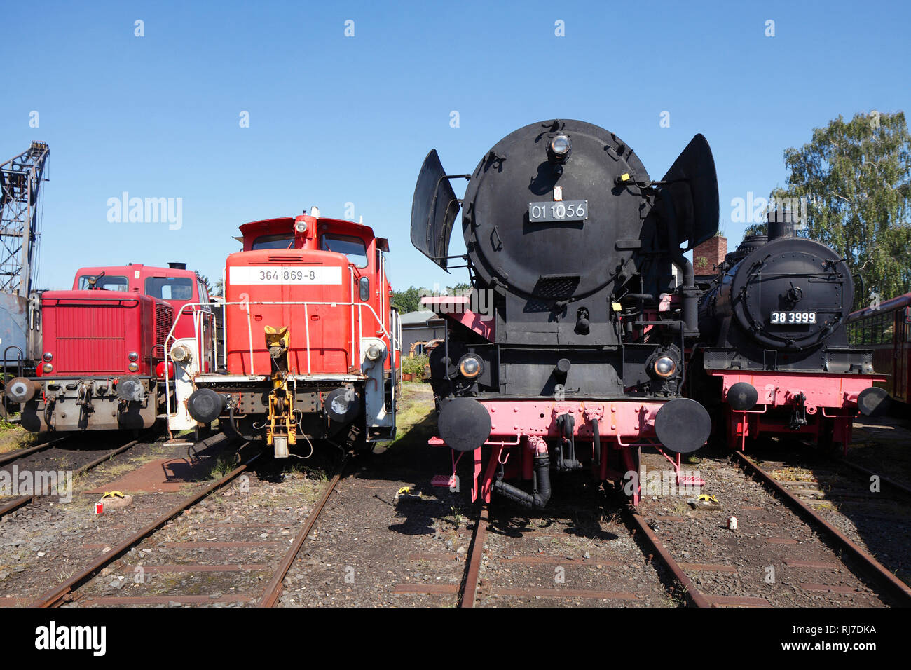 Alte Diesel- und Dampflokomotiven, Eisenbahnmuseum, Darmstadt-Kranichstein, Darmstadt, Hessen, Deutschland, Europa Stock Photo