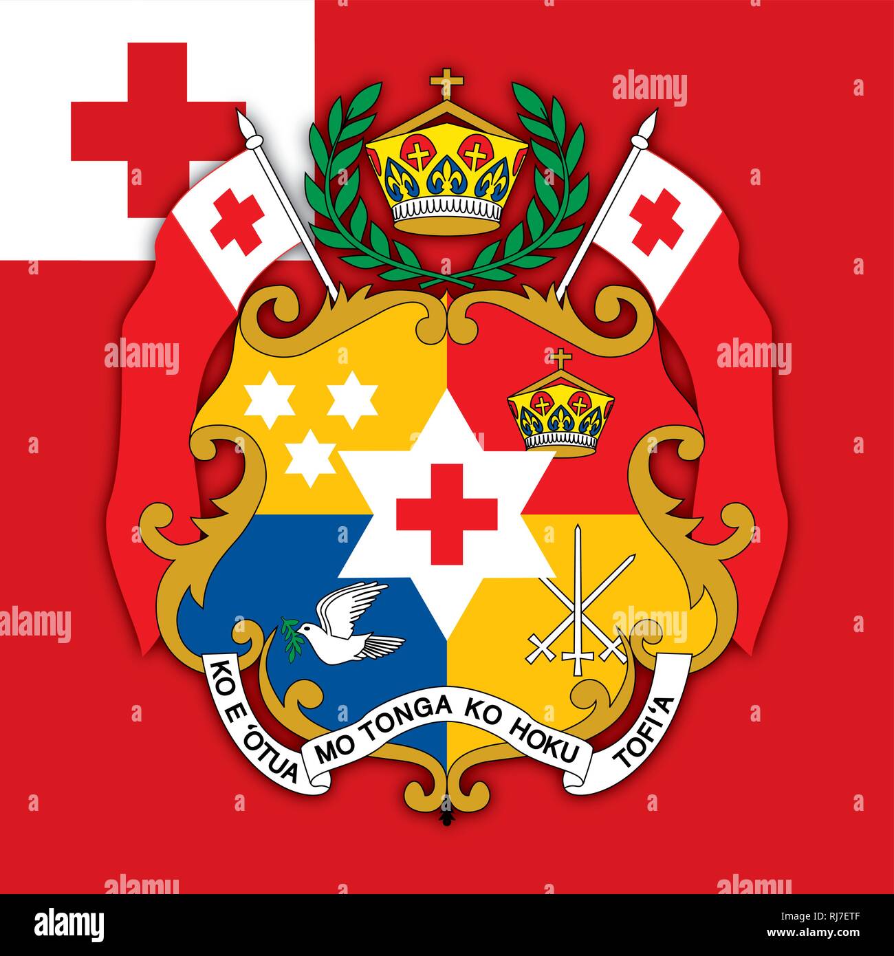 Tonga country coat of arms on the national flag, vector illustration Stock Vector