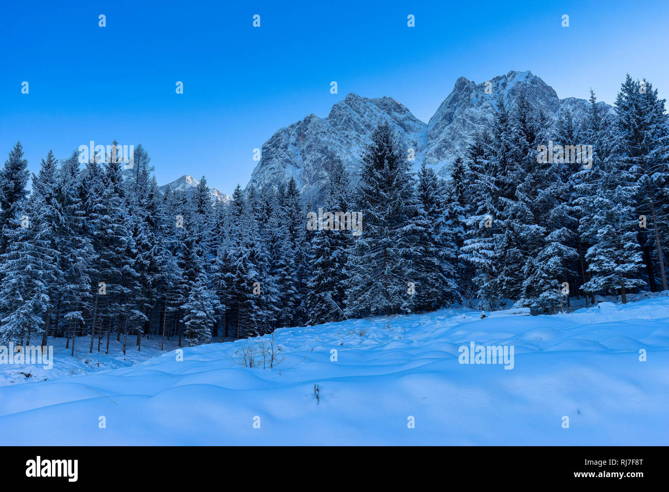 Deutschland, Bayern, Bayerische Alpen, Grainau, Waxensteine im Winter mit Alpspitze im Hintergrund Stock Photo