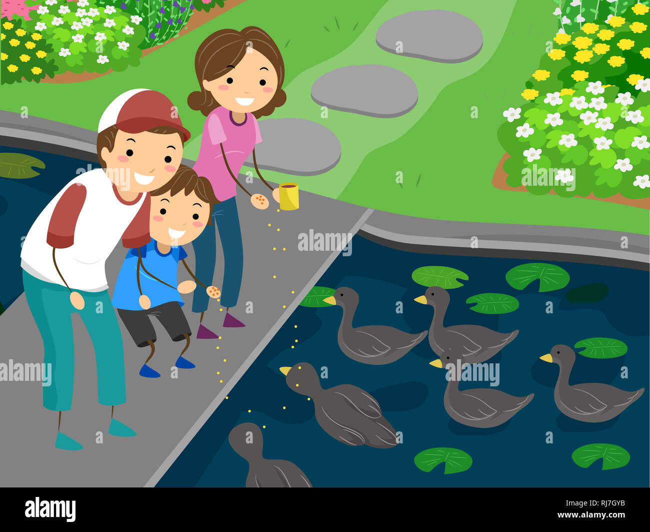 Father with child at duck pond in a park hires stock photography and