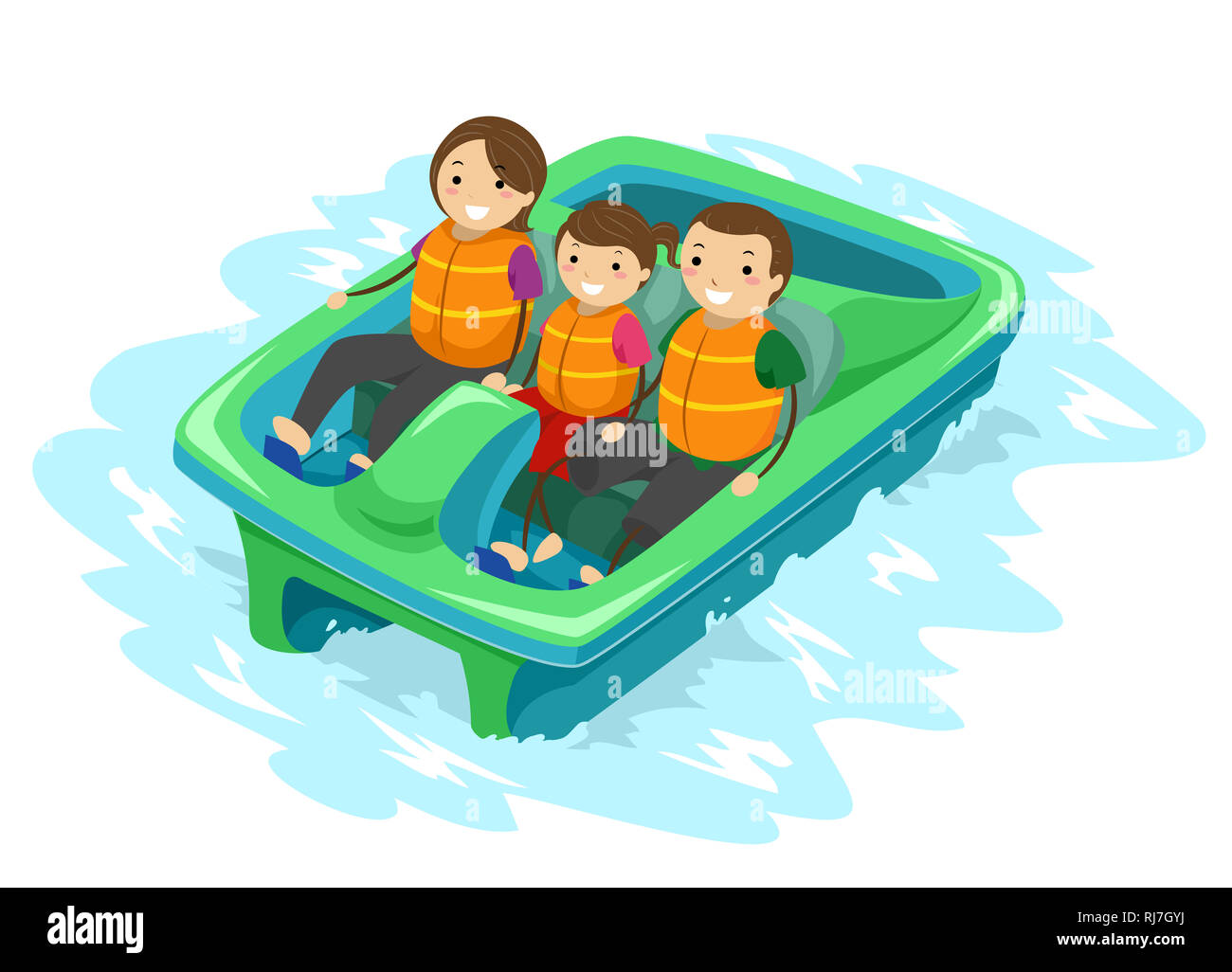 Illustration of a Stickman Kid Girl with Parents Riding a Paddle Boat