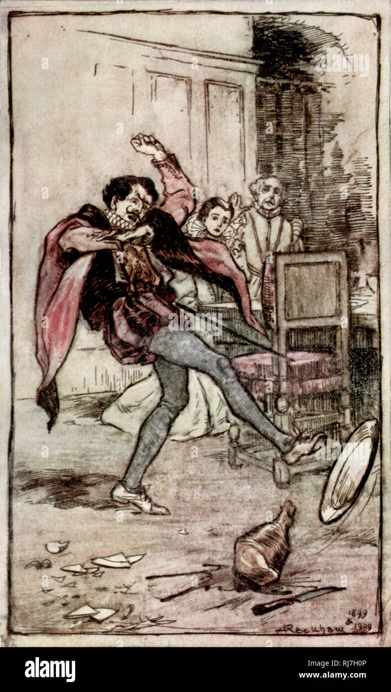 'Petuchio, pretending to find fault with every dish, threw the meat about the floor'. By Arthur Rackham (1867-1939). Petruchio (Italian name: Petruccio) is the male protagonist in Shakespeare's The Taming of the Shrew (c1590-1594). Stock Photo