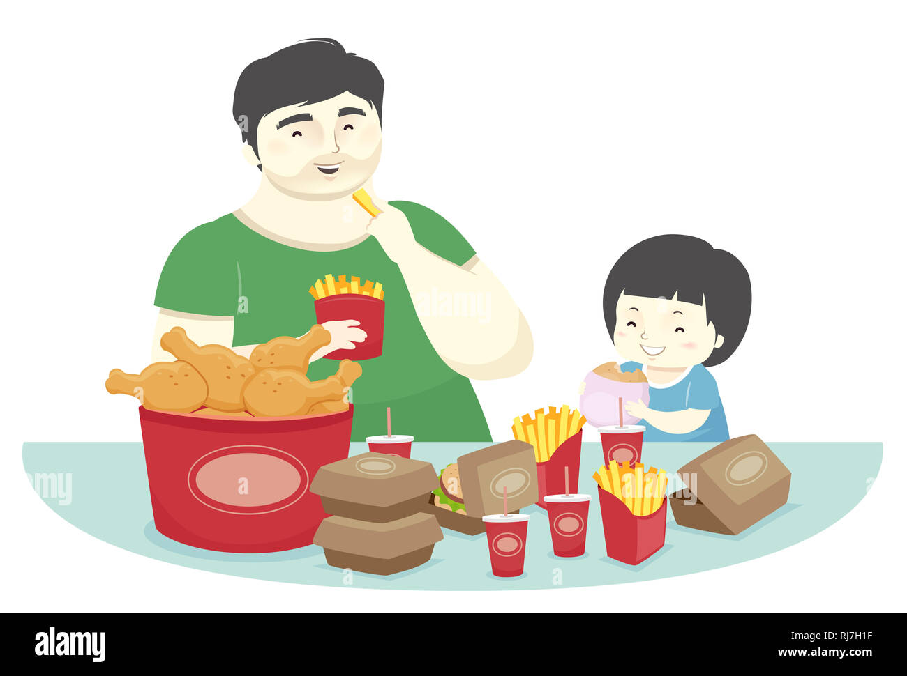 Illustration of a Kid Boy and His Father Eating Fast Food For Dinner, with  Fried Chicken, Fries and Burger Stock Photo - Alamy