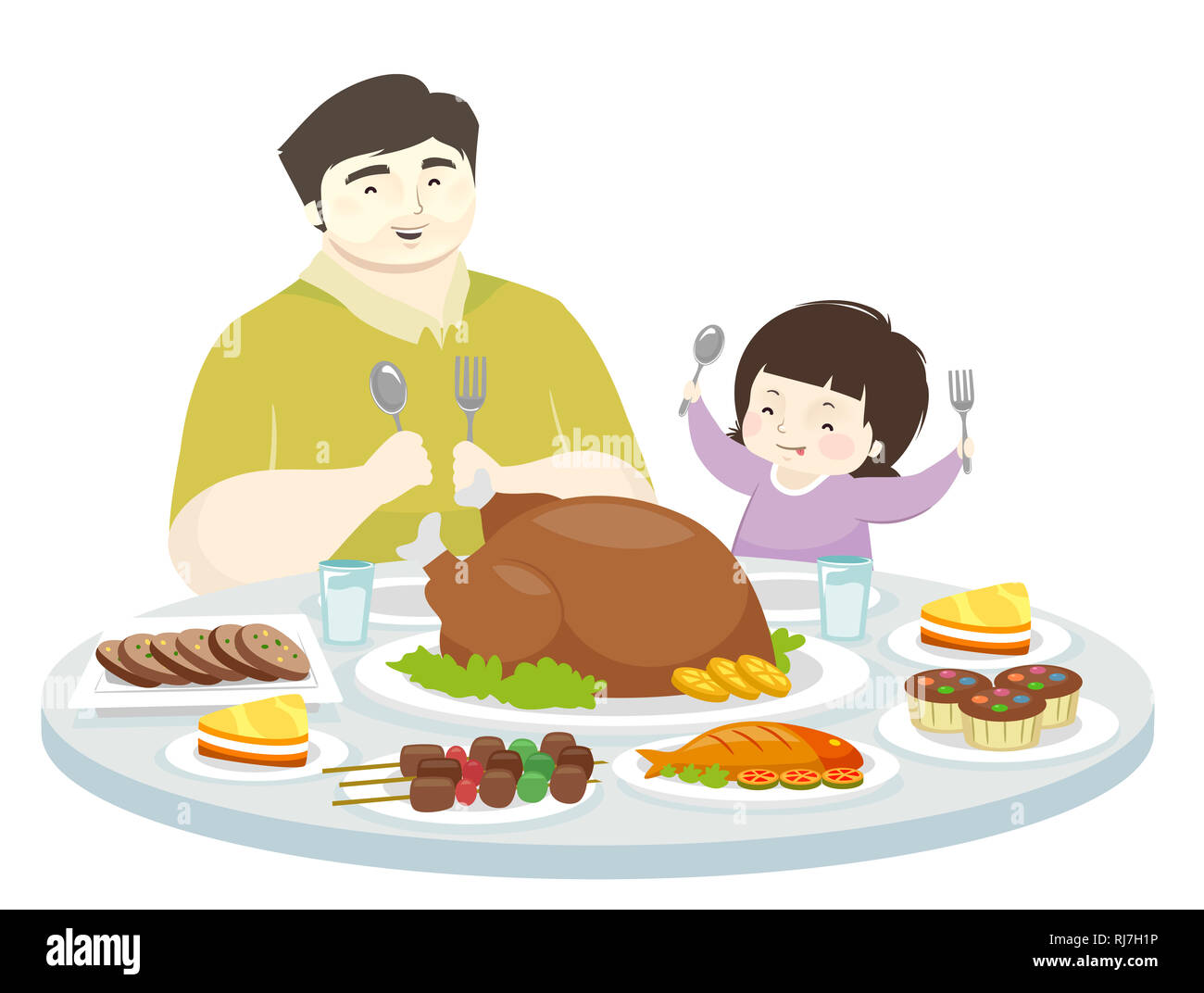Illustration of a Kid Girl and Father Holding Spoon and Fork Ready to Eat a Big Meal Stock Photo