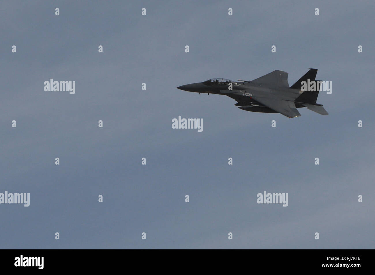 A U.S. Air Force F-15 Eagle conducts a show of presence during a memorial to a fallen Soldier, Spc. Octavious Lakes Jr., 3rd Armored Brigade Combat Team, Fort Hood, Texas, during Decisive Action Rotation 19-03 at the National Training Center (NTC), Fort Irwin, Calif., Jan. 20, 2019.  The show of presence was in memoriam to the fallen Soldier who passed away Jan. 14 while training at NTC. (U.S. Army photo by Pvt. Brooke Davis, Operations Group, National Training Center) Stock Photo