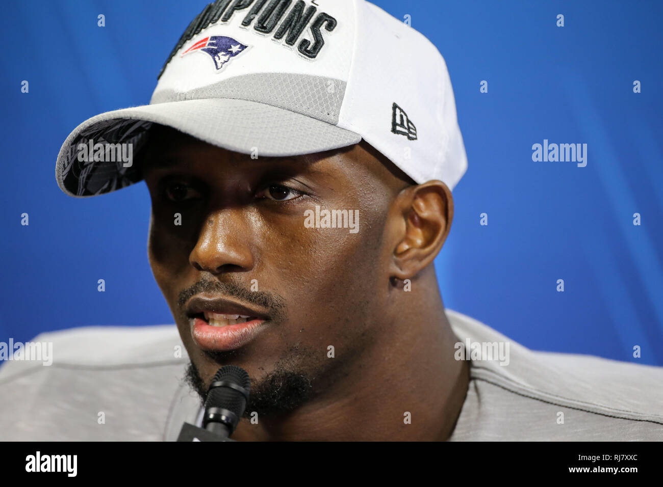 Atlanta, GA, USA. 3rd Feb, 2019. New England Patriots free safety Devin McCourty #32 after the Super Bowl LIII between New England Patriots vs Los Angeles Rams at Mercedes-Benz Stadium in Atlanta, GA on February 3, 2019. (Photo by Jevone Moore) Credit: csm/Alamy Live News Stock Photo