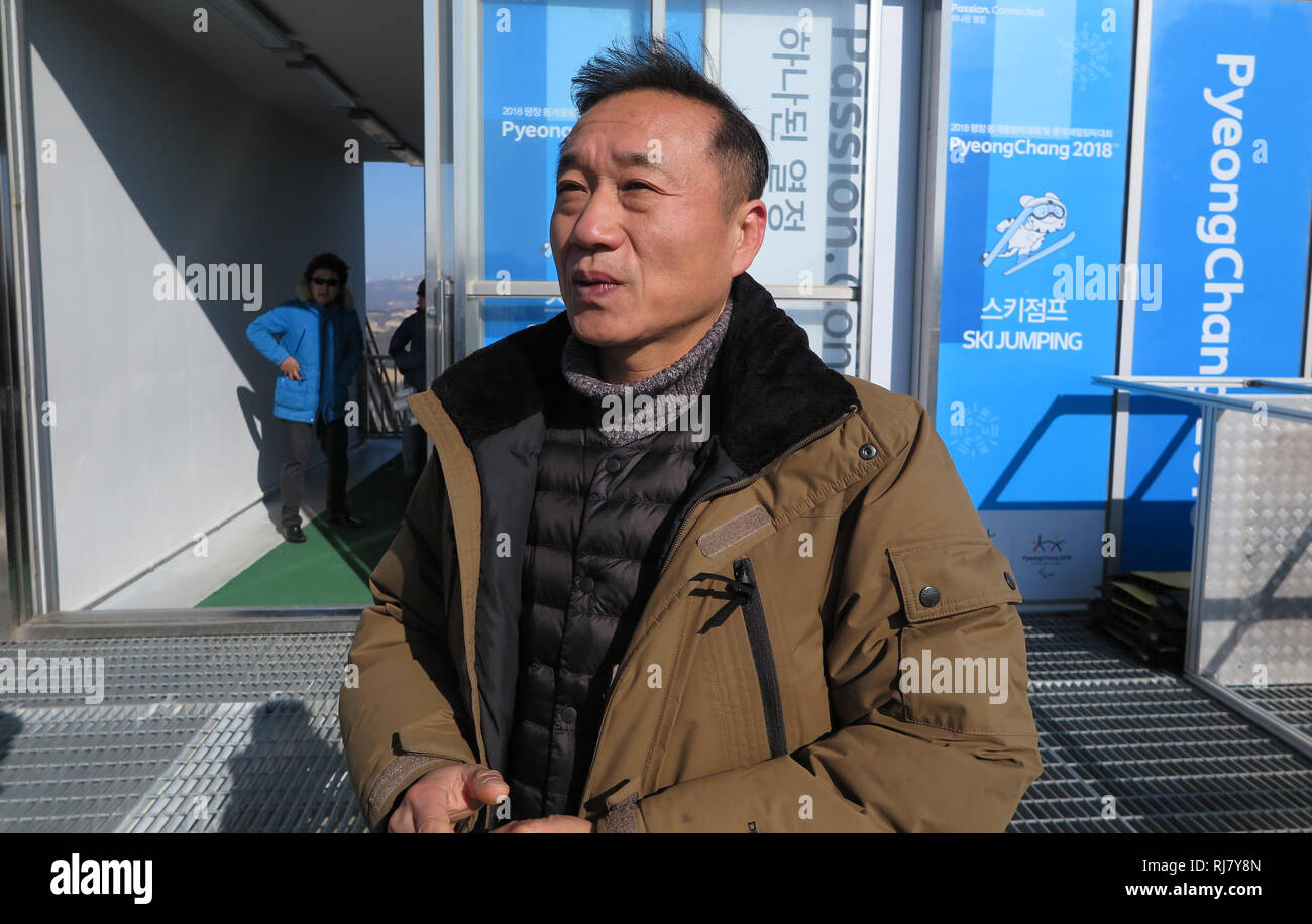 28 January 2019, South Korea, Gangwon: The team manager for the ski jump of the 2018 Olympic Winter Games in Pyeongchang, Lee Yong Bae, is on the Srpungsschnanze. Gangwon wants to recall the games, which started on 9 February, with a ten-day festival under the motto 'Again Pyeongchang'. (to dpa 'One year after Pyeongchang - the difficult legacy of the Winter Games') Photo: Dirk Godder/dpa Stock Photo