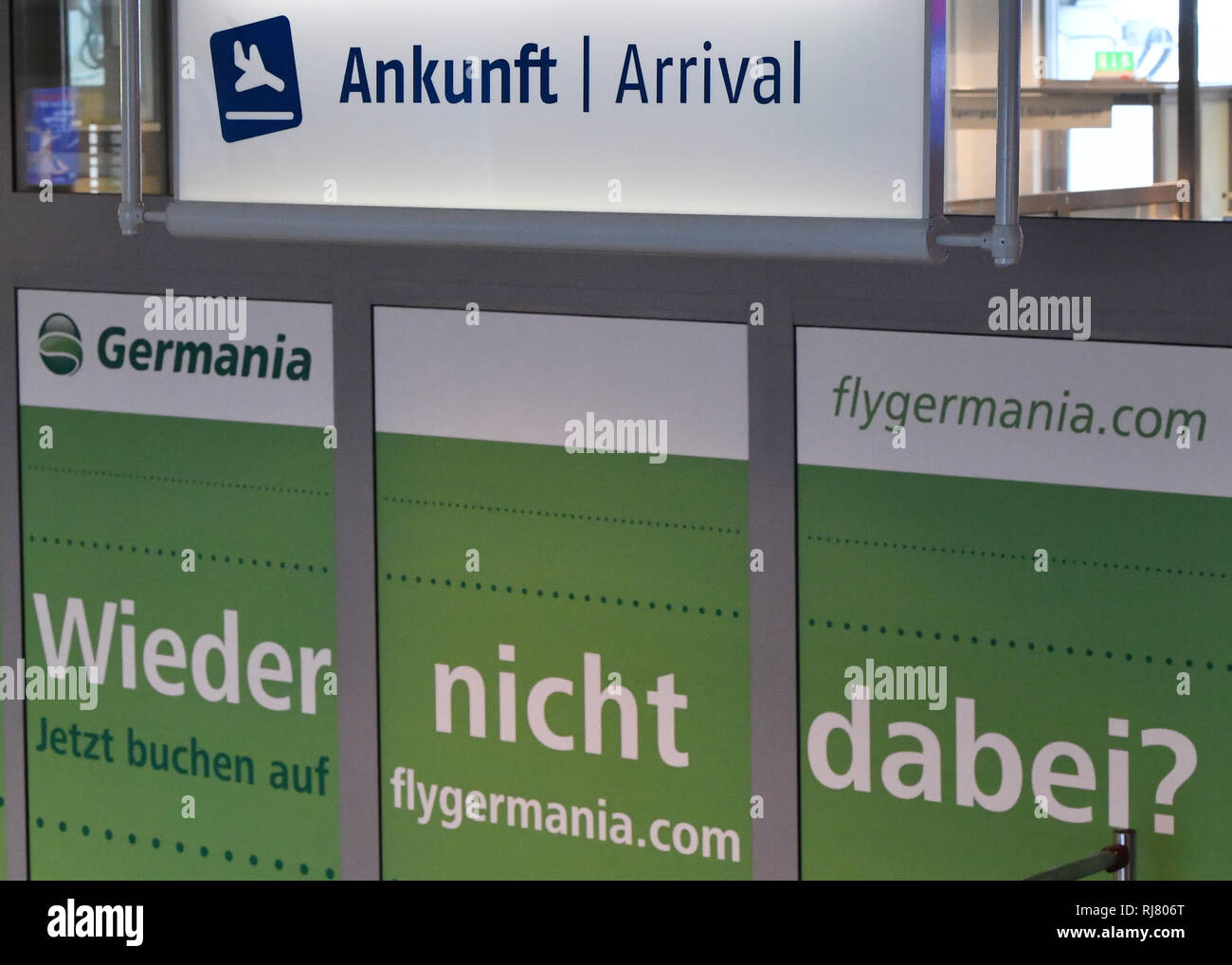 Erfurt, Germany. 05th Feb, 2019. Germania advertising can be seen at Erfurt-Weimar airport. The bankruptcy of the airline Germania also tears a gap into the flight schedule of Erfurt-Weimar airport. This week the airline's flights will be cancelled on Thursday, Friday, Saturday and Sunday, according to the airport. The connections to Hurghada, Tenerife, Fuerteventura, Antalya and Gran Canaria are affected. Credit: Martin Schutt/dpa-Zentralbild/dpa/Alamy Live News Stock Photo