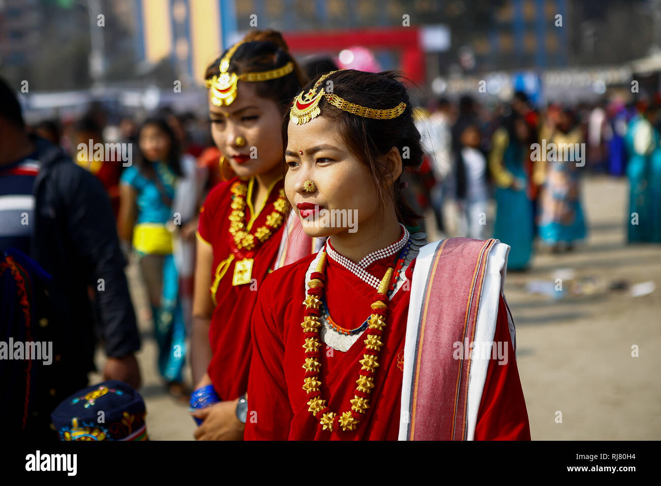 Kathmandu, Nepal. 5th Feb 2019. Women from Tamang community  in traditional attire arrive to mark the Sonam Losar or Lunar New Year. Sonam Losar occurs around the same time of year as does Chinese and Mongolian New Year, and it uses the Chinese Calendar as well. Credit: SOPA Images Limited/Alamy Live News Stock Photo