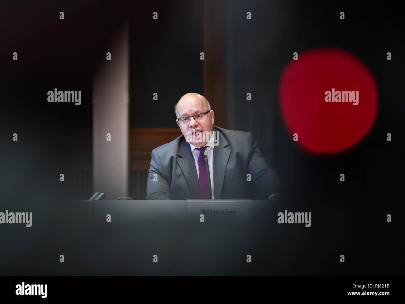 Berlin, Germany. 5th Feb, 2019. German Economy Minister Peter Altmaier speaks during a press conference to present the 'National Industry Strategy 2030' in Berlin, capital of Germany, on Feb. 5, 2019. Credit: Shan Yuqi/Xinhua/Alamy Live News Stock Photo