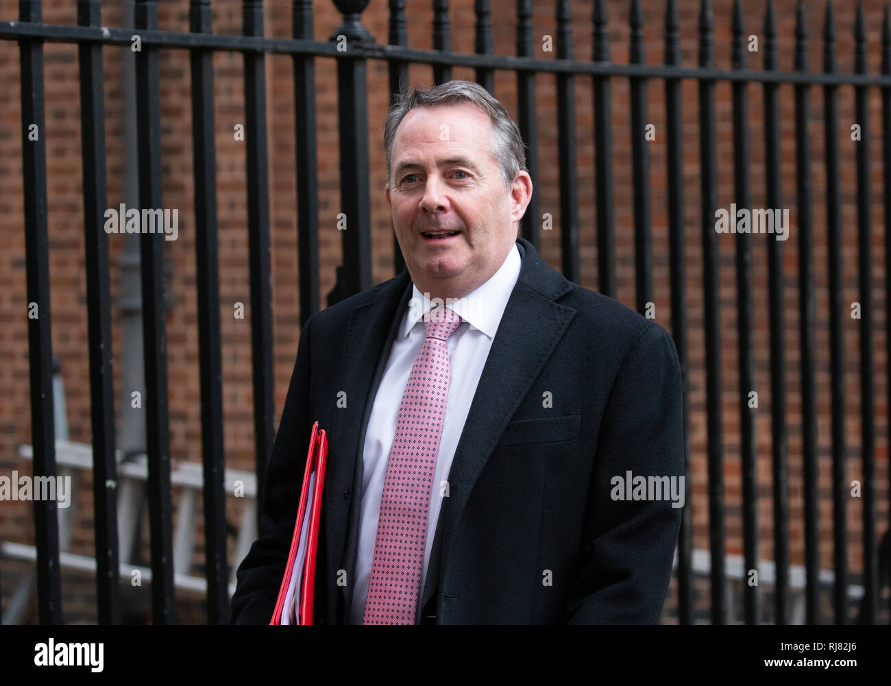 London, UK. 05th Feb, 2019. Liam Fox, Secretary of State for International Trade and President of the Board of Trade, leaves the Cabinet Meeting. Credit: Tommy London/Alamy Live News Stock Photo