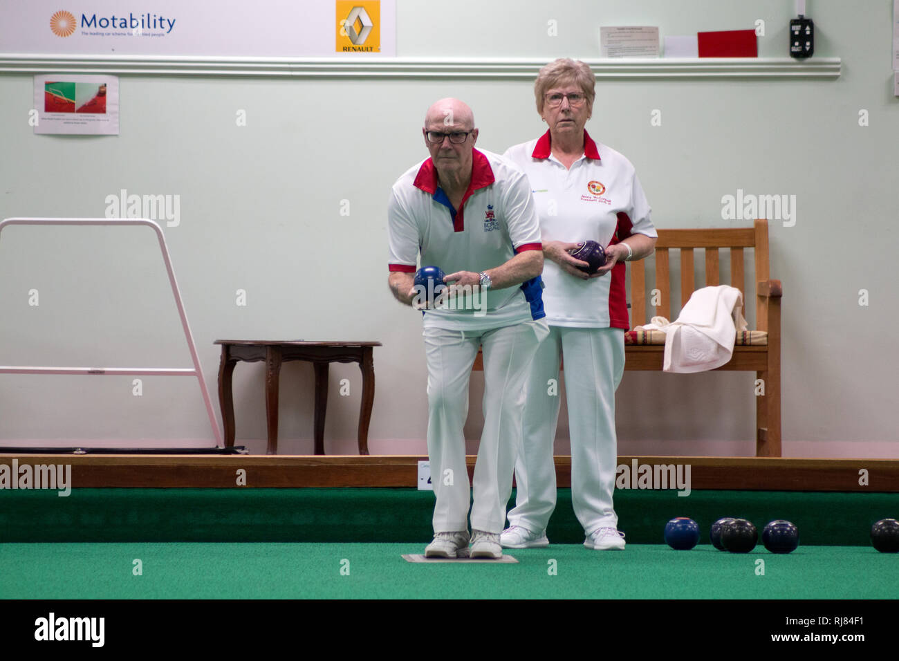 Melton Mowbray Indoor Bowls Club, Leicestershire, UK. 4th February 2019, Charity bowls match between Bowls England,  National Governing Body  for the sport of Flat Green Lawn Bowls in England and the EIBA, English Indoor Bowls Association. The match was finally won by the EIBA. Credit: Jim Harrison/Alamy Live News Stock Photo