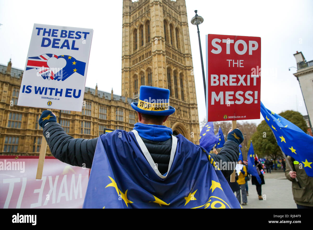 Westminster, London, UK 5 Feb 2019 - Steven Bray founder of SODEM (Stand of Defiance European Movement) with placard protesting outside the Houses of Parliament.   Credit: Dinendra Haria/Alamy Live News Stock Photo