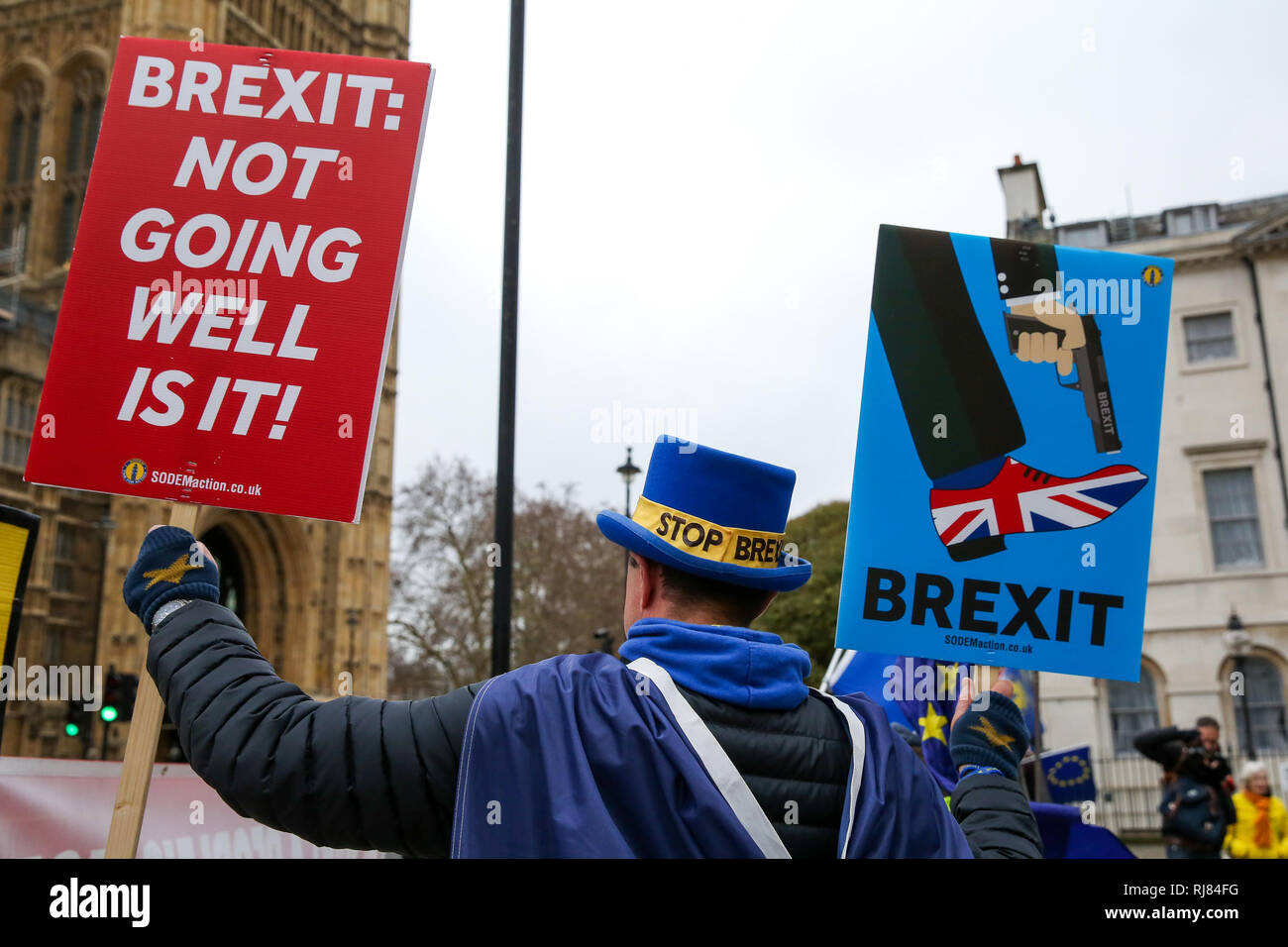 Westminster, London, UK 5 Feb 2019 - Steven Bray founder of SODEM (Stand of Defiance European Movement) with placard protesting outside the Houses of Parliament.   Credit: Dinendra Haria/Alamy Live News Stock Photo