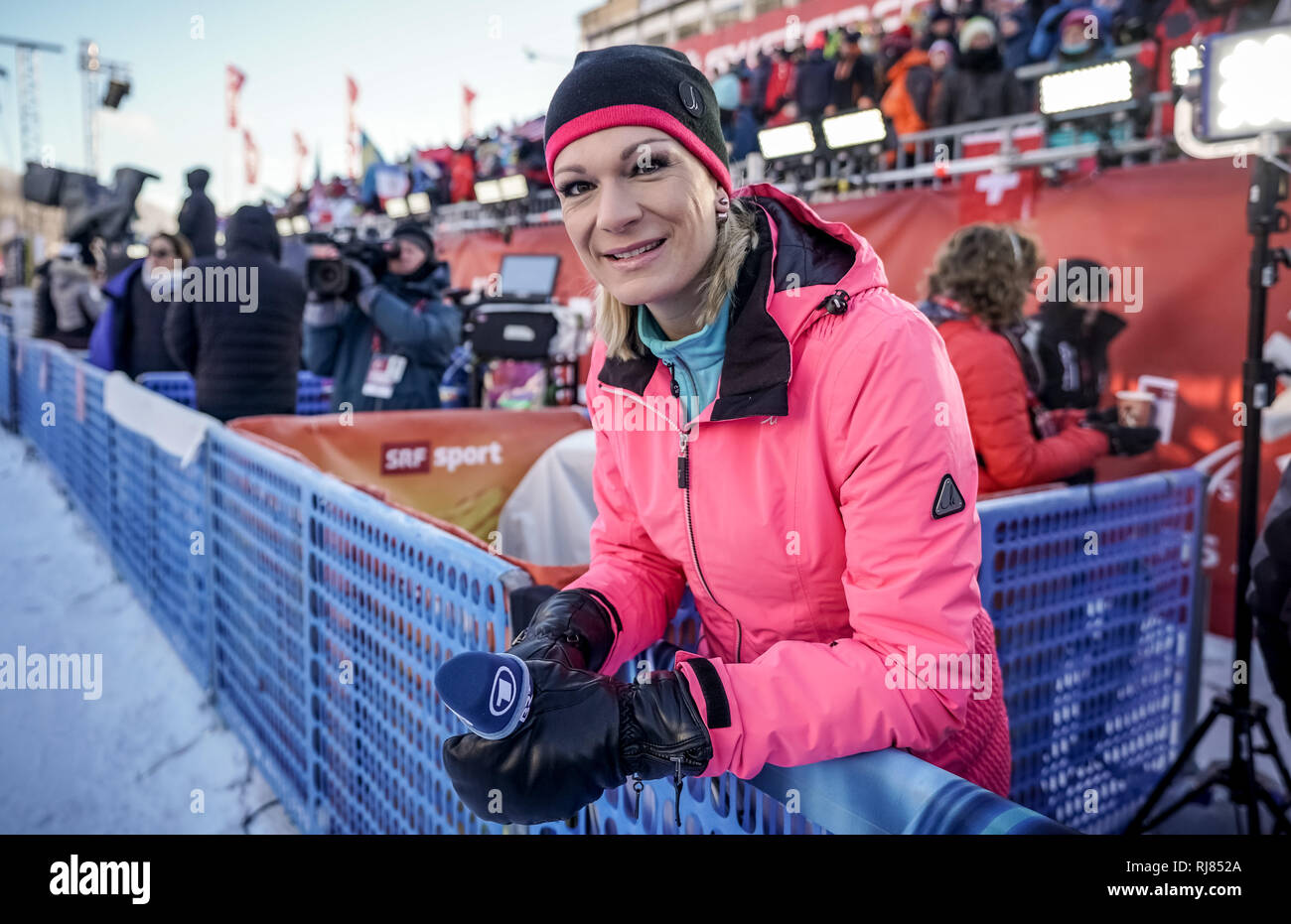 Are, Sweden. 05th Feb, 2019. Alpine skiing: Maria Höfl-Riesch, former Olympic ski champion and currently TV expert for ARD, in the finish area of the World Championships. Credit: Michael Kappeler/dpa/Alamy Live News Stock Photo