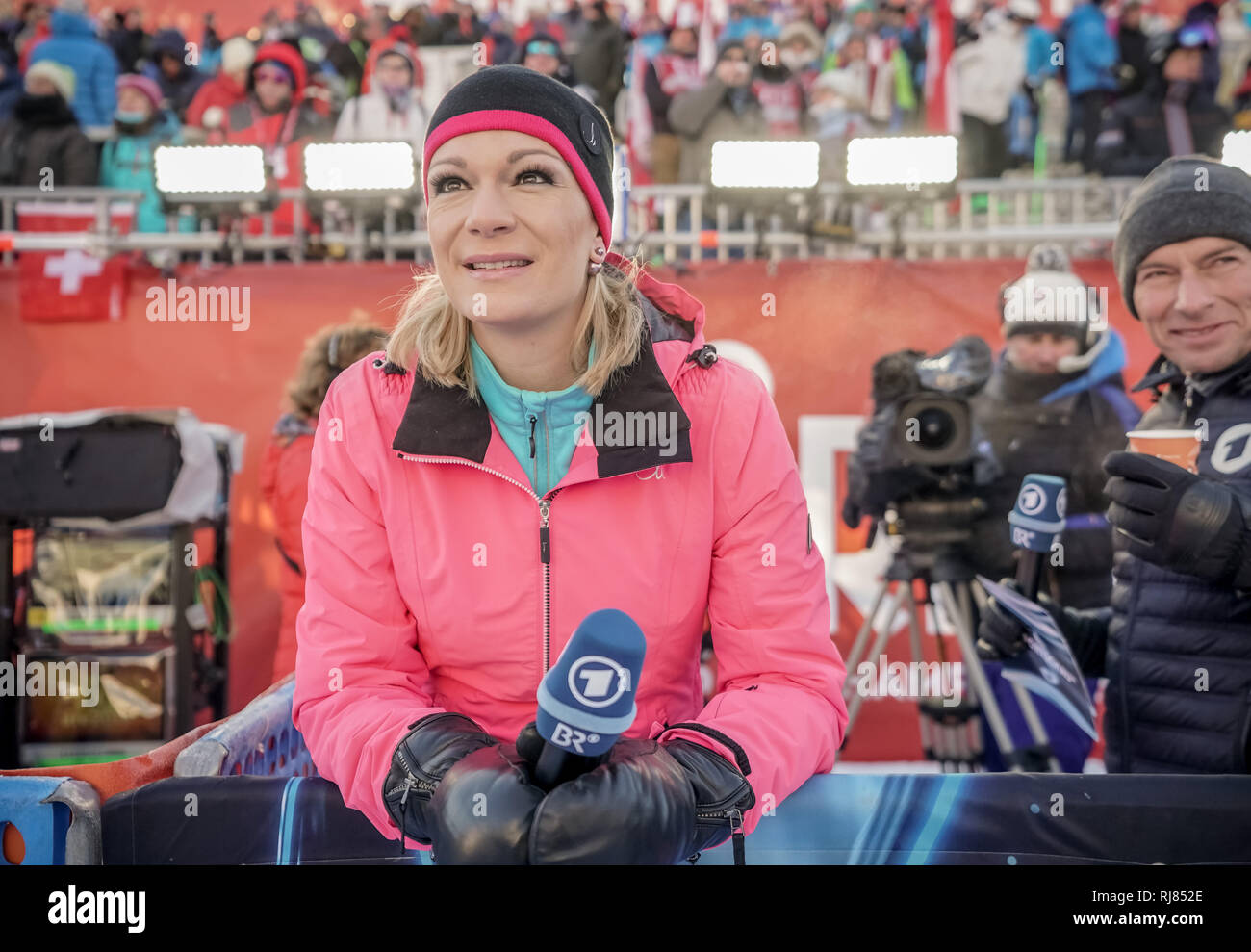 Are, Sweden. 05th Feb, 2019. Alpine skiing: Maria Höfl-Riesch, former Olympic ski champion and currently TV expert for ARD, in the finish area of the World Championships. Credit: Michael Kappeler/dpa/Alamy Live News Stock Photo