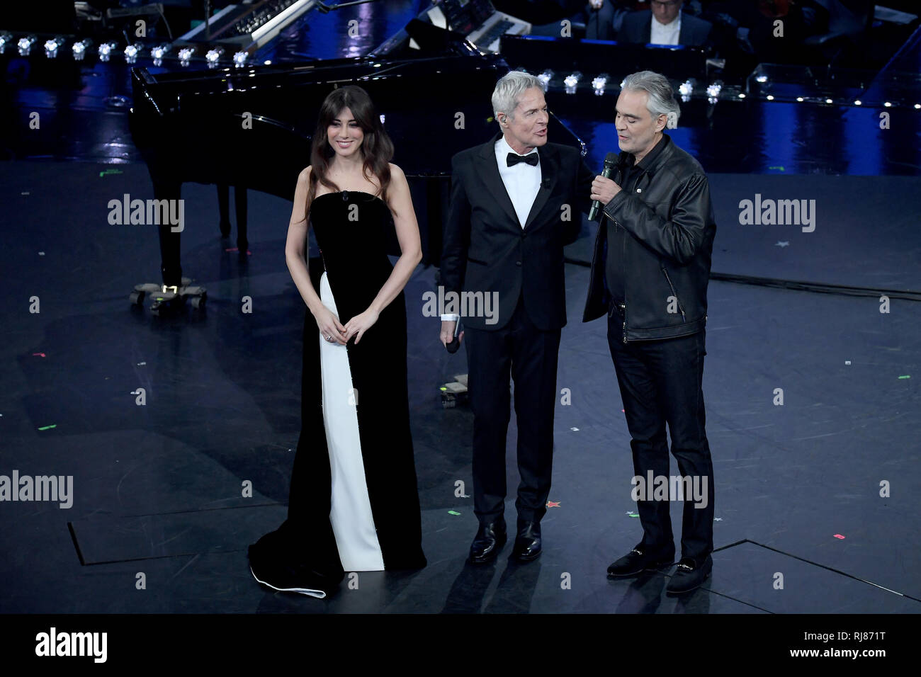 Sanremo, 69th Festival of the Italian song 2019. Prima Serata. In the photo Andrea Bocelli and Claudio Baglioni and Virginia Raffaele Stock Photo