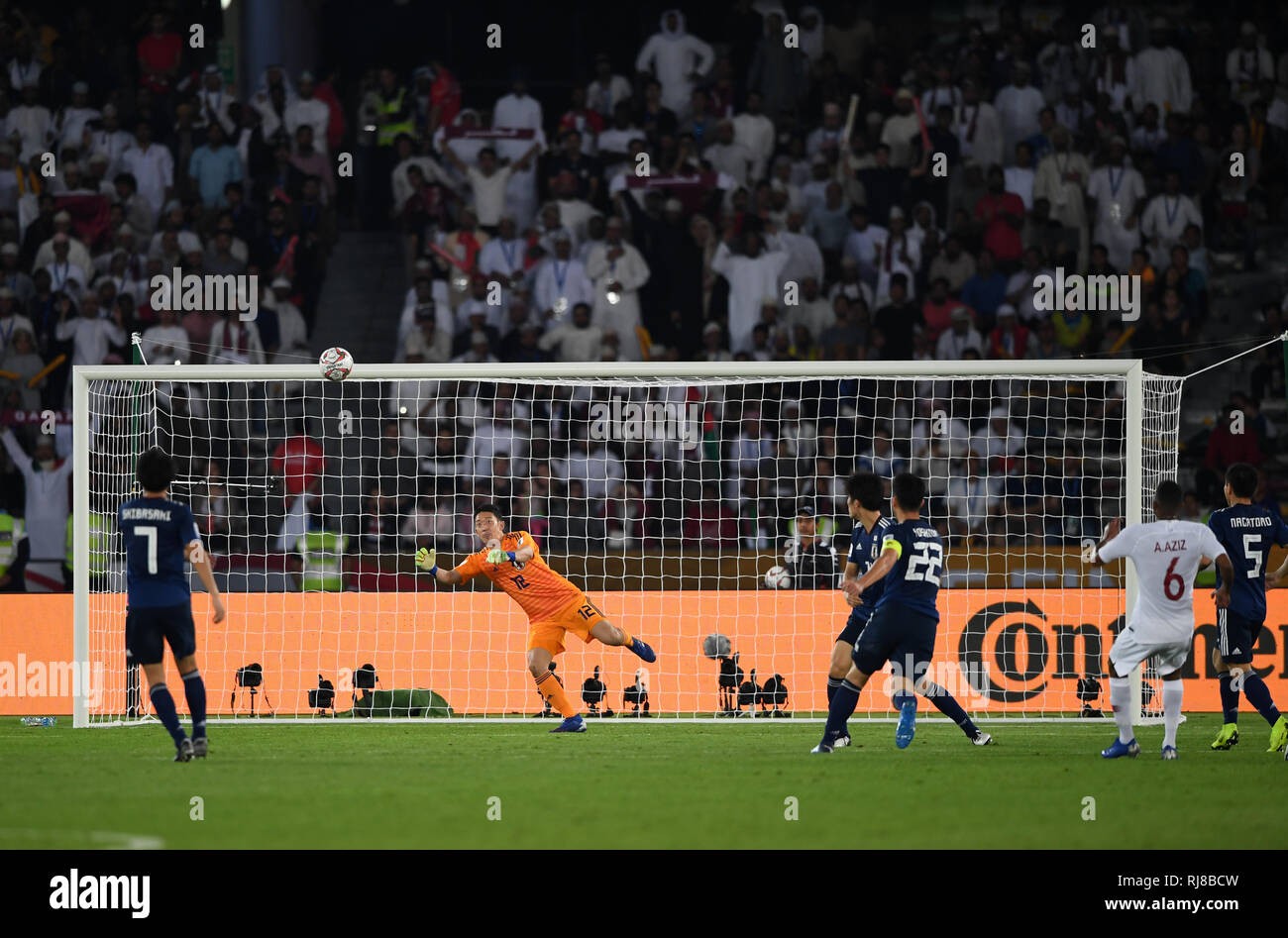 Gonda Shuichi seen in action during the final Asian cup 2019 match between Qatar and Japan at the Zayed sport city stadium. Qatar beat Japan, 3:1 Stock Photo
