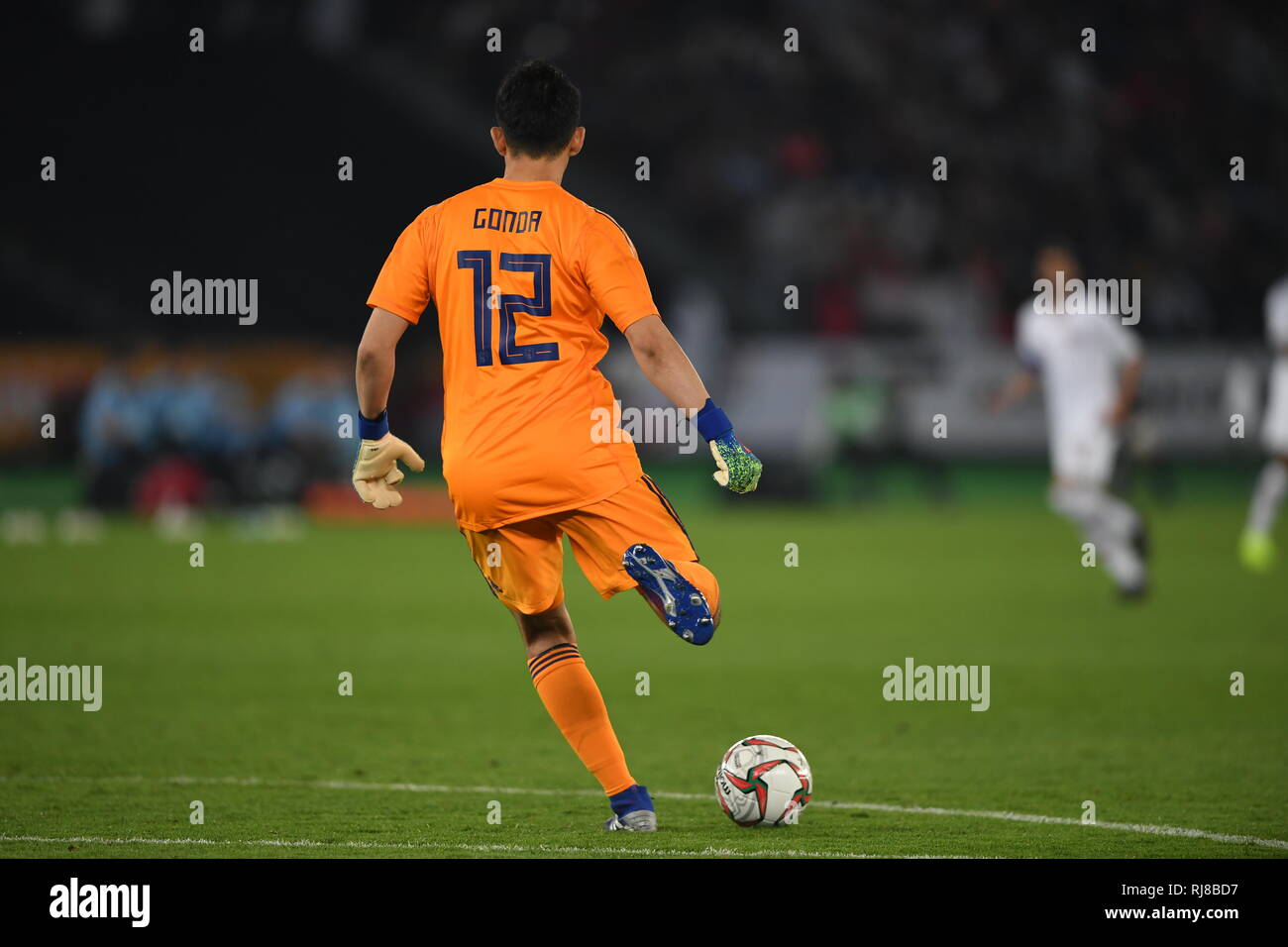 Gonda Shuichi seen in action during the final Asian cup 2019 match between Qatar and Japan at the Zayed sport city stadium. Qatar beat Japan, 3:1 Stock Photo