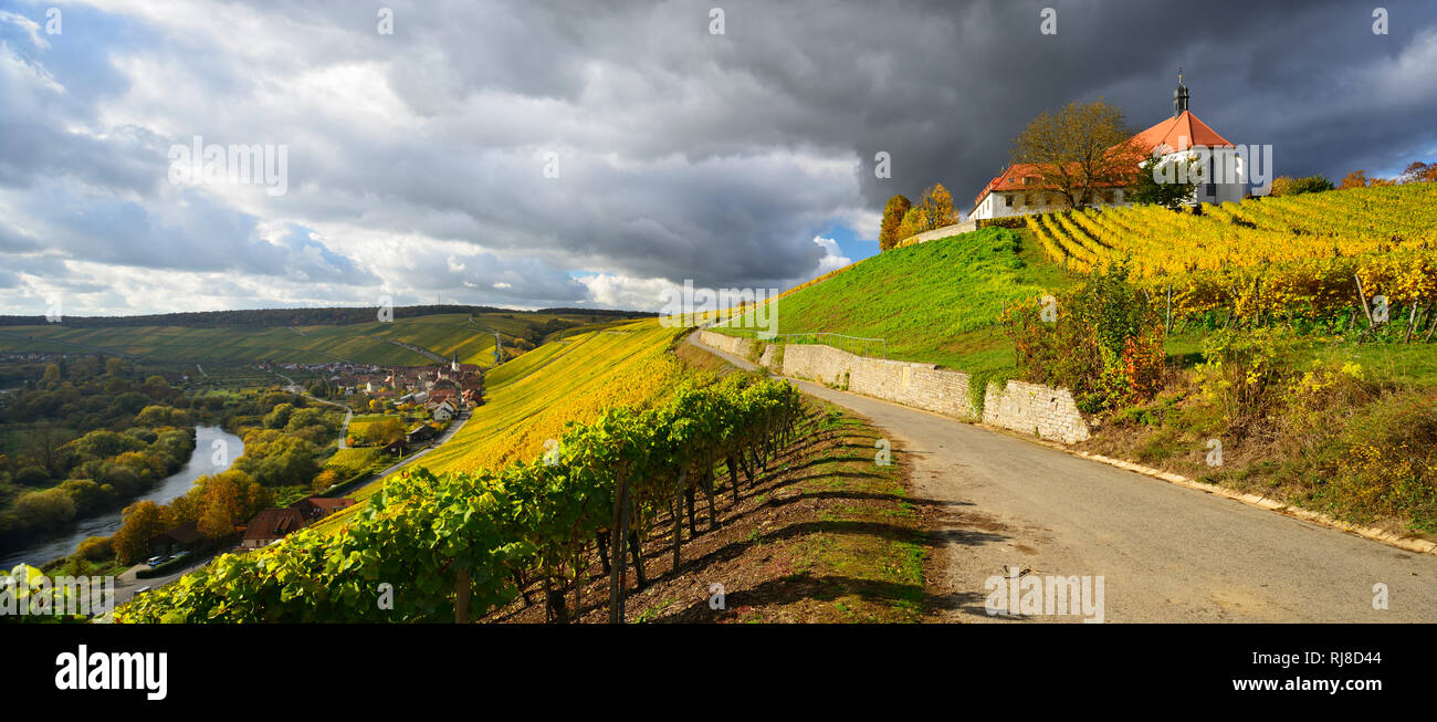 Deutschland, Bayern, Franken, Escherndorf, Kloster Vogelsburg, Weinberge am Main, Herbst, dunkle Gewitterwolken Stock Photo