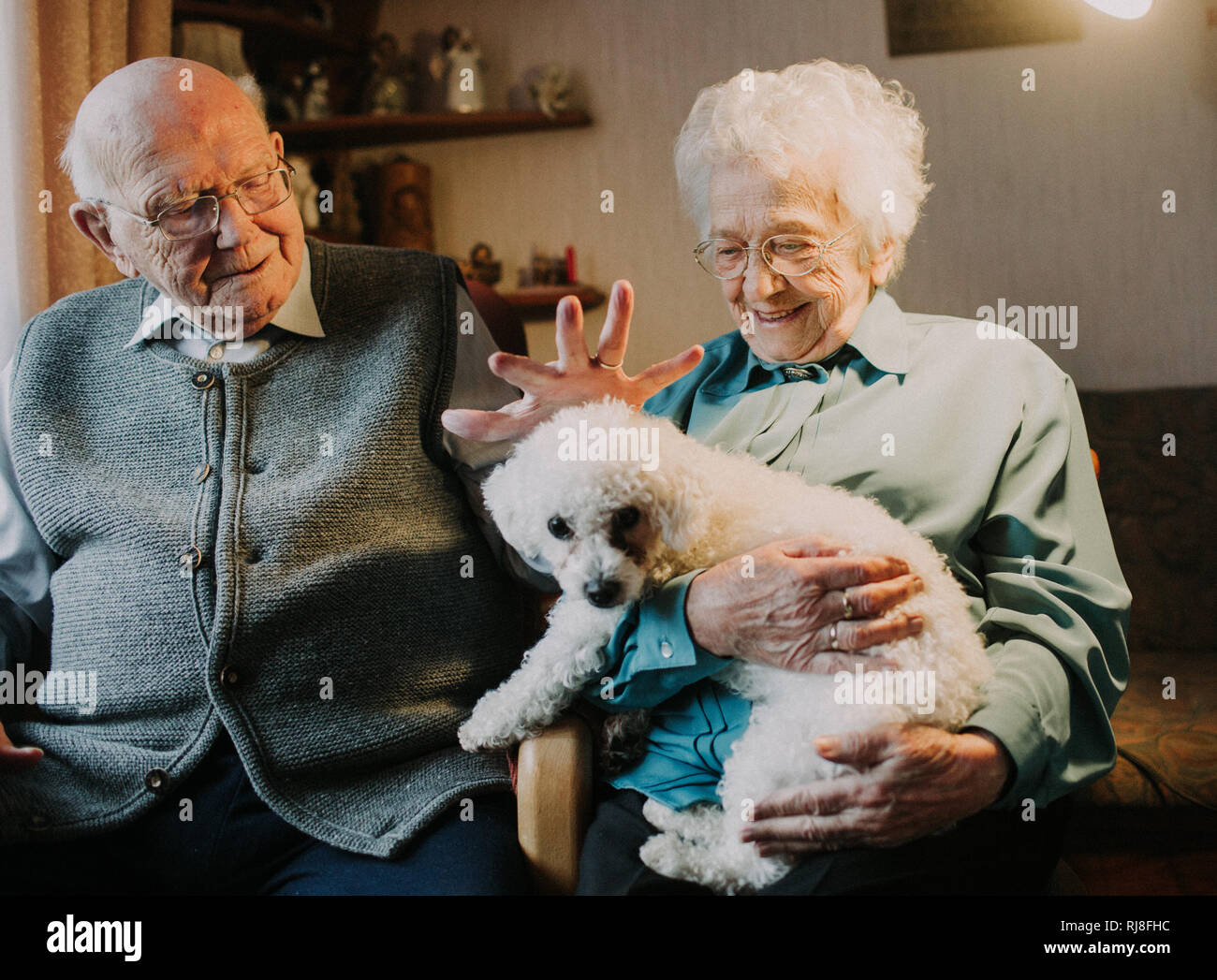 Seniorenpaar mit Pudel im eigenen Zuhause Stock Photo