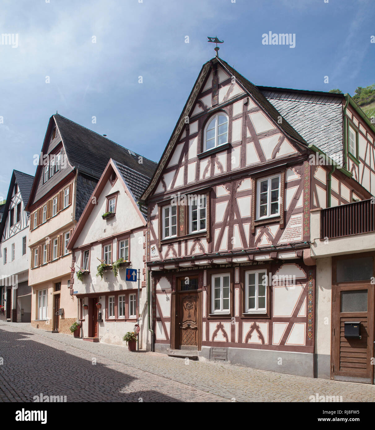 Altstadt mit Fachwerkhäusern, Bacharach am Rhein, Unesco Weltkulturerbe Oberes Mittelrheintal, Rheinland-Pfalz, Deutschland, Stock Photo