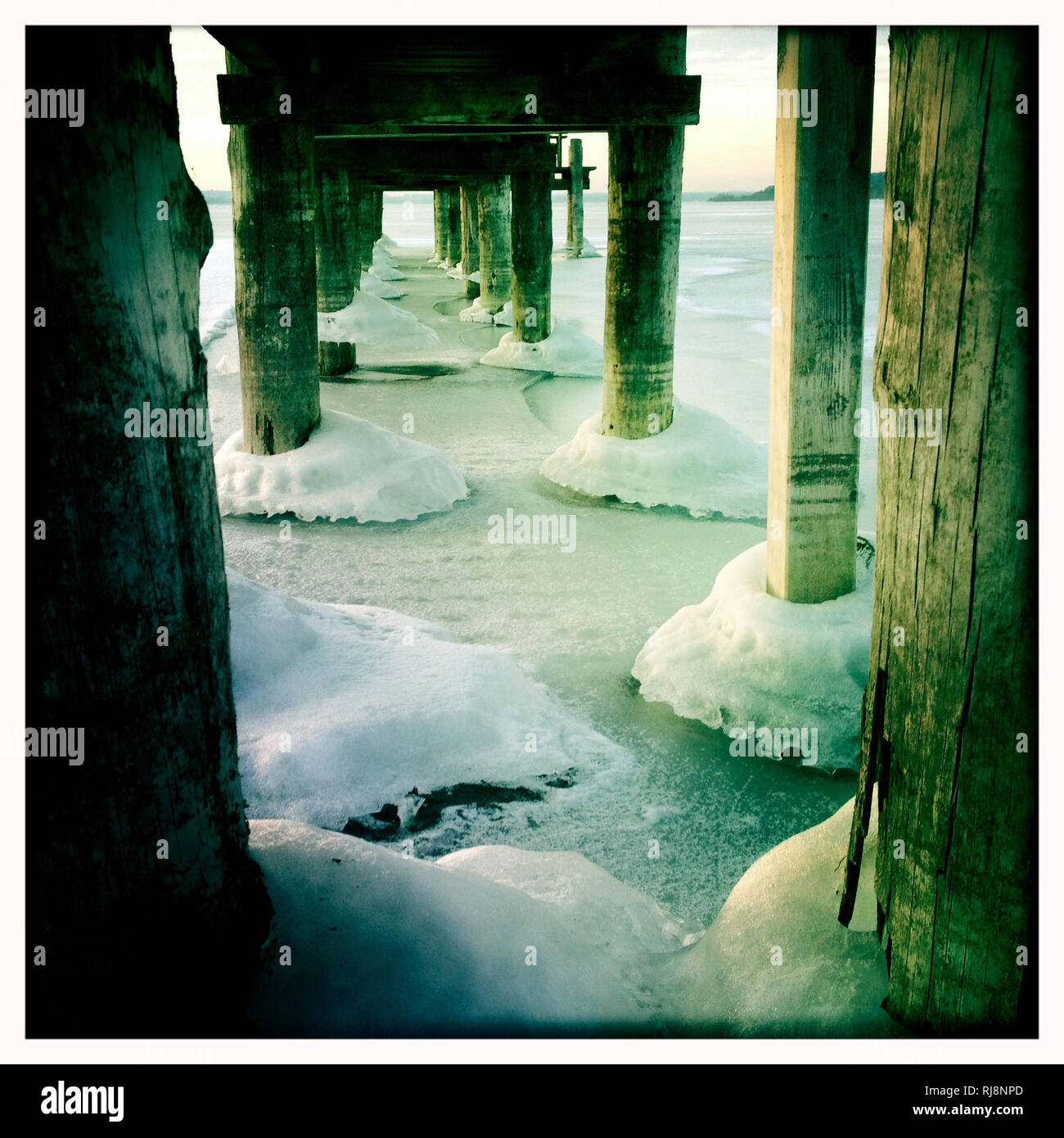 Steg im Winter, Unterseite, Holzpfähle, See, Eis, gefroren Stock Photo