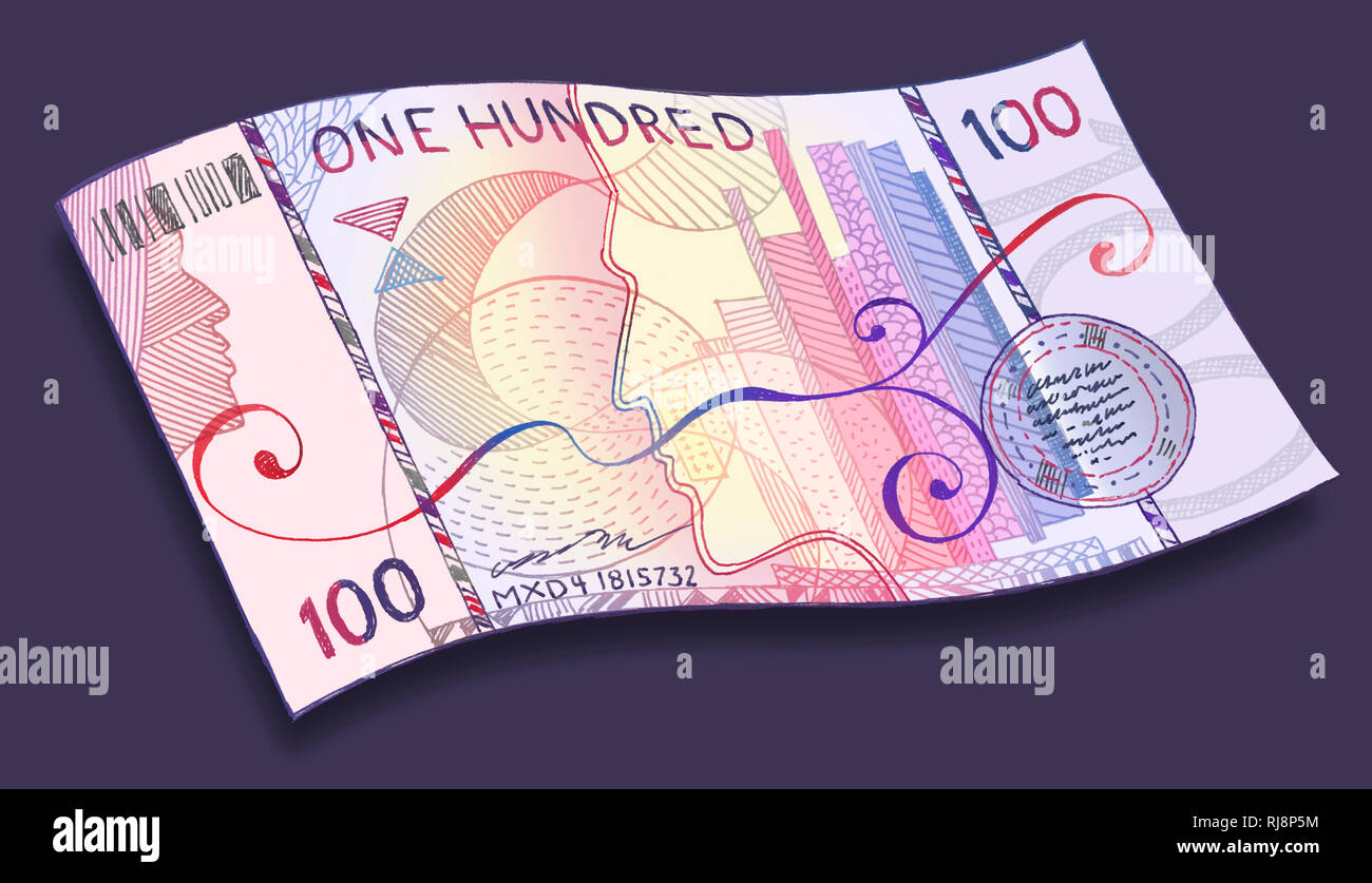Illustration eines Fantasie-Geldschein √ºber hundert W√§hrungseinheiten mit farbigen Mustern auf violettem Hintergrund Stock Photo
