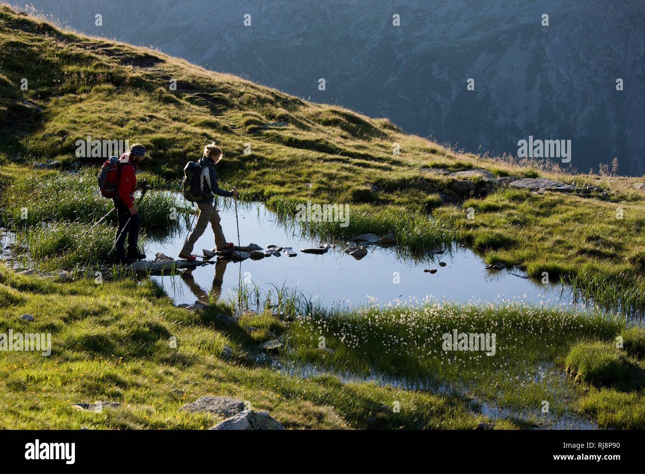 Wanderszene bei der Olpererhütte, Tuxer Alpen, Zillertal,  Tirol, Österreich Stock Photo