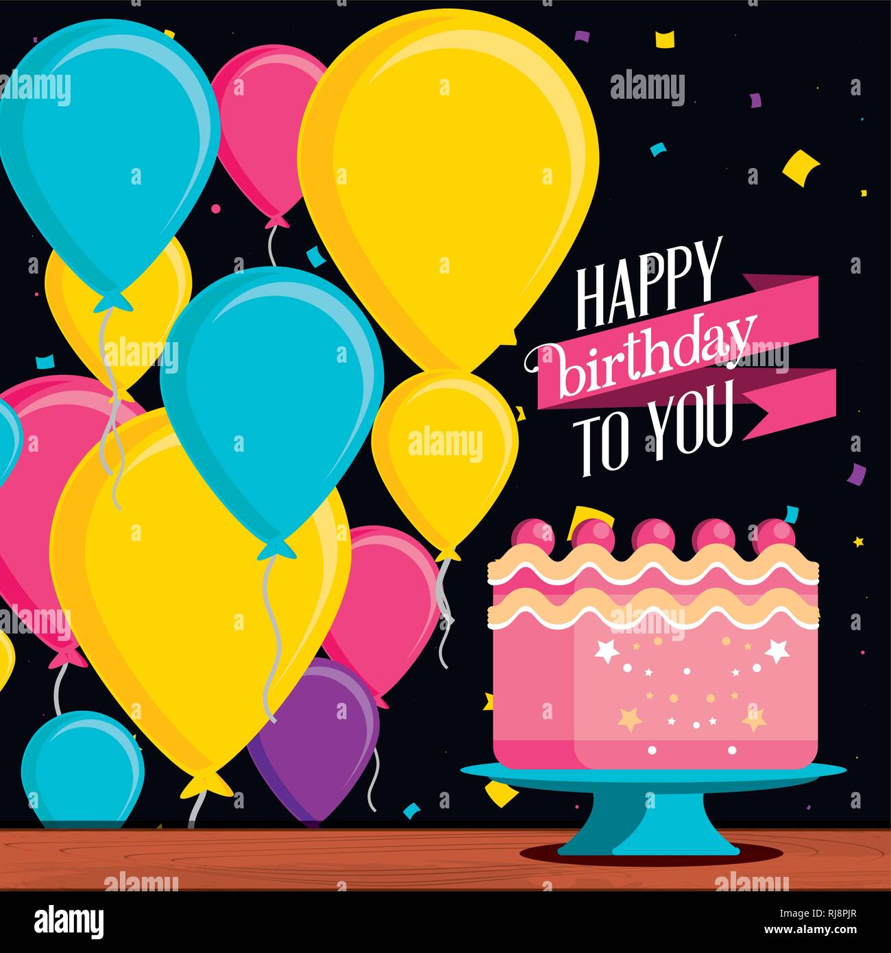 birthday cake with decoration of balloons helium vector illustration ...