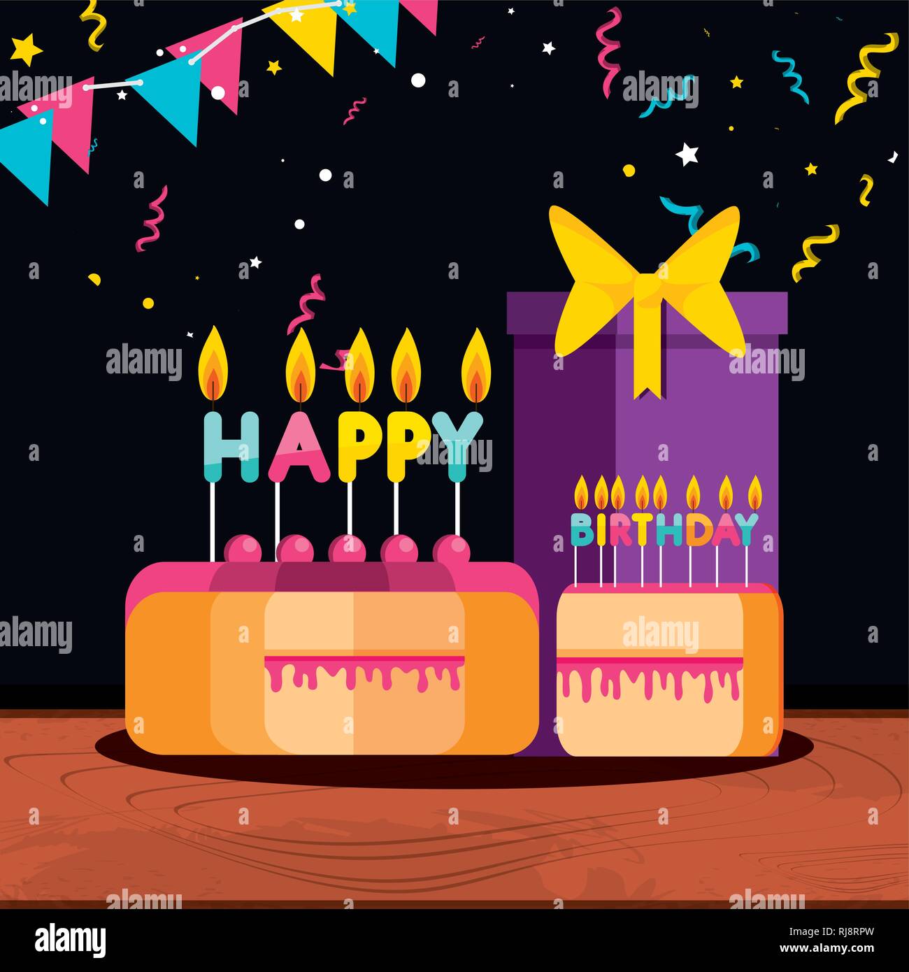 Vector illustration of festive birthday cakes with candles hi-res stock ...