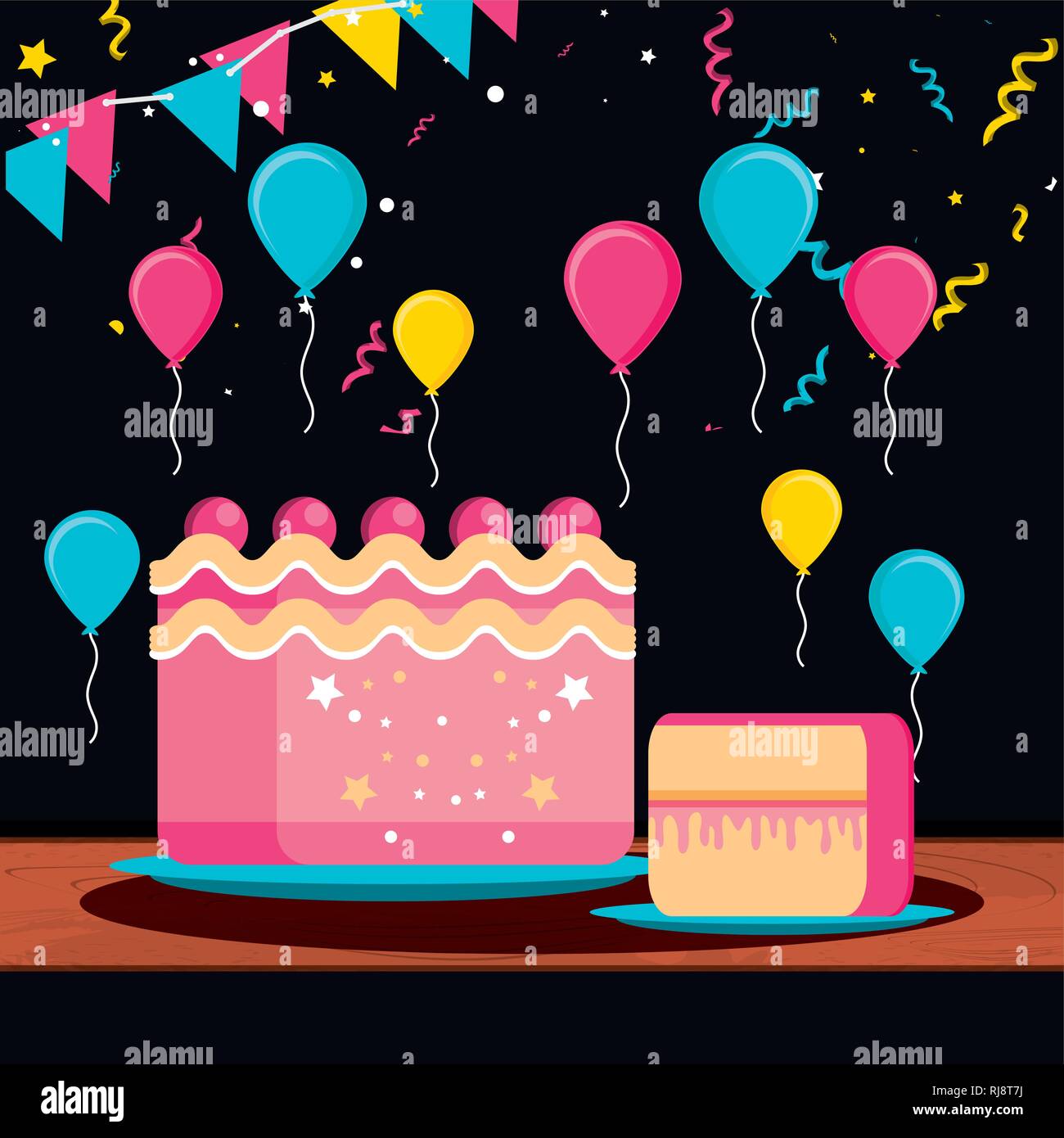 birthday cake with balloons helium vector illustration design Stock ...