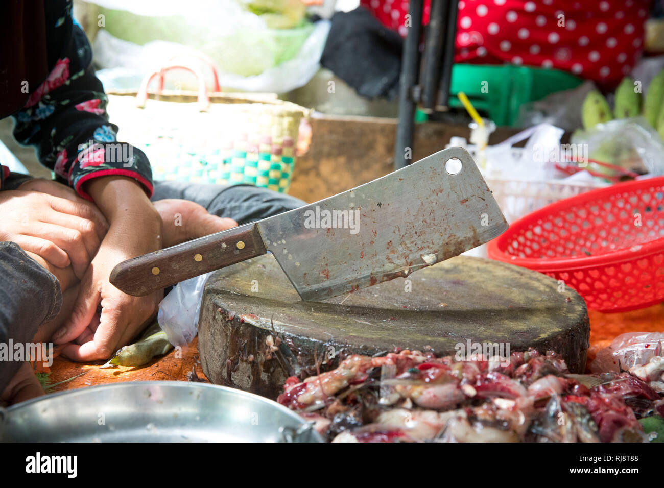 Kambodscha, Phnom Penh, Kandal Market, Schneidetisch eine Fischhändlers, Markt der Armen, hier gibt es alles, Lebensmittel, Werkzeug und Ersatzteile s Stock Photo