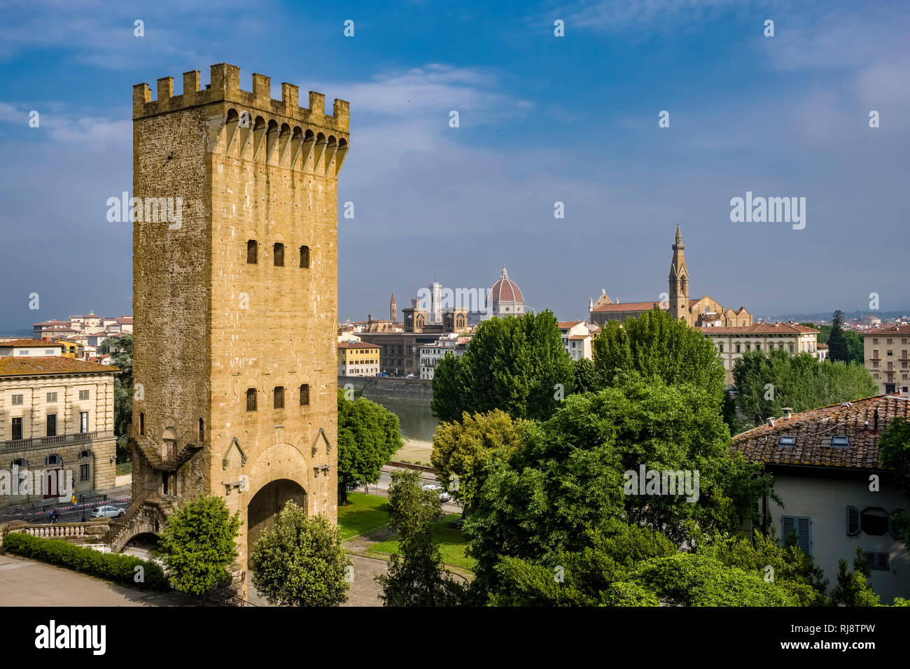 Tower of San Niccolò, Torre San Niccolo, Duomo and Palazzo Vecchio in the distance Stock Photo