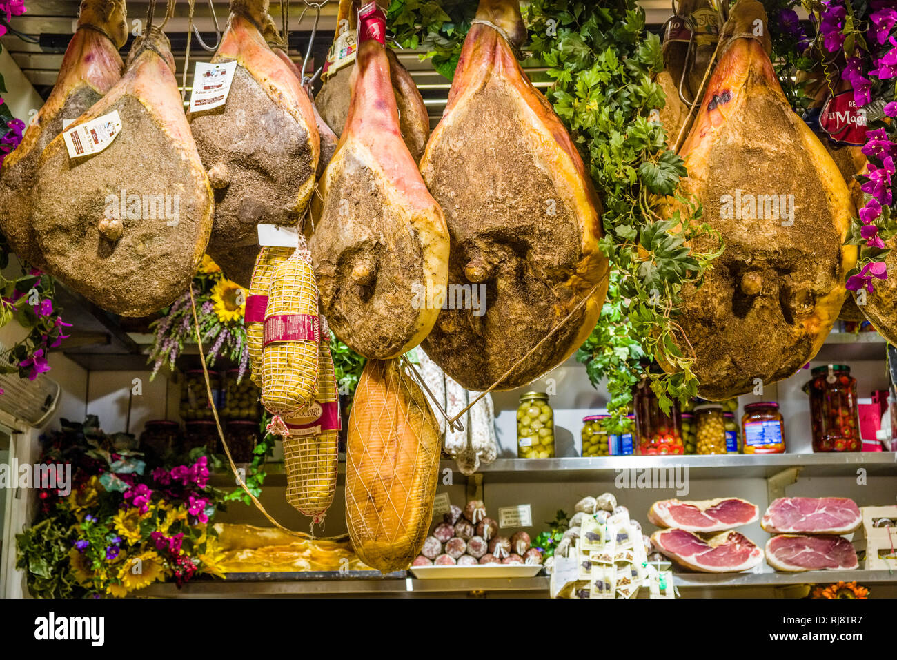 Tuscan Raw Ham, Prosciutto toscano, for sale in a local market Stock