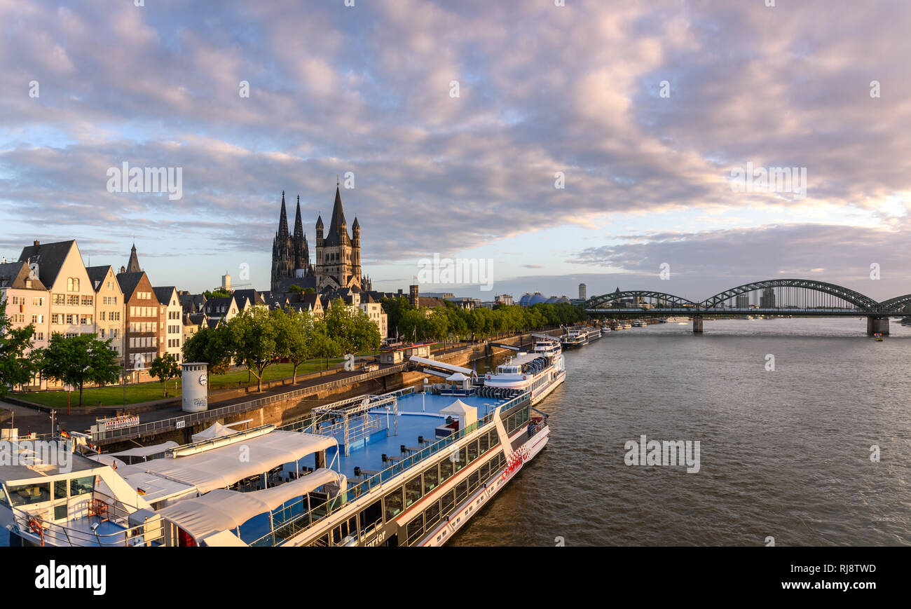 River cruises and roundtrip tours leave from the main docks, which run for around a mile along the Rhine at the edge of the Old Town. Stock Photo