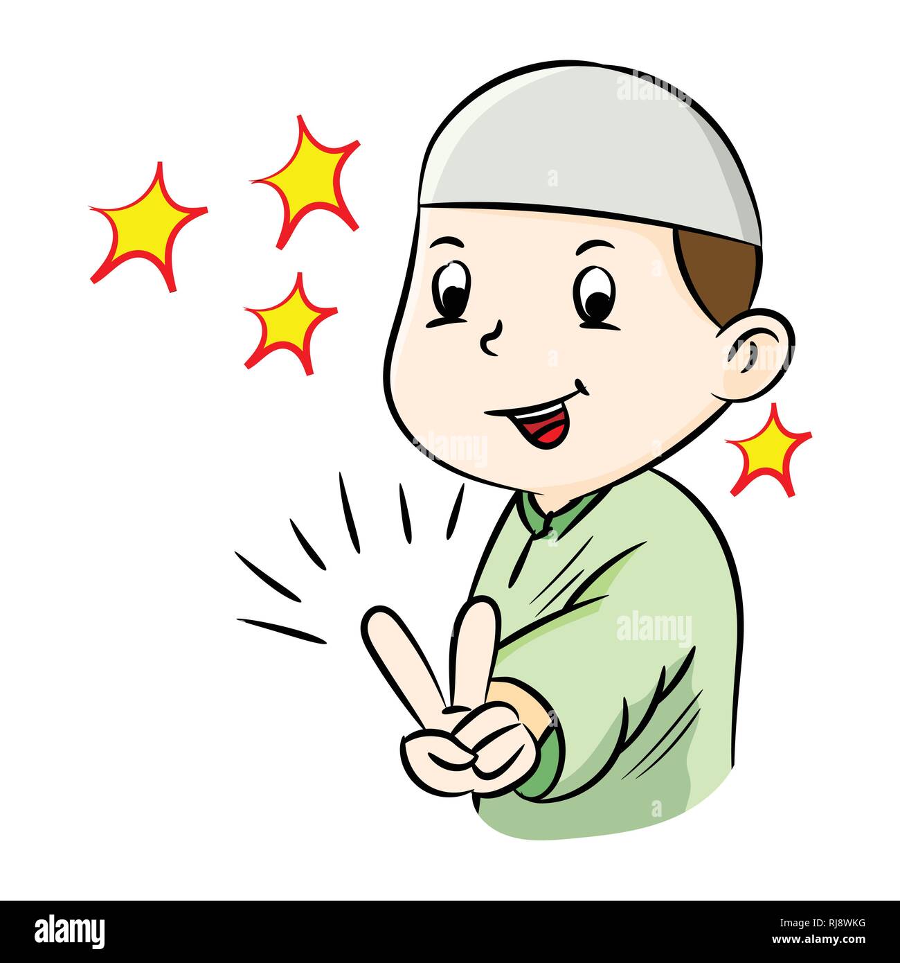 Illustration of Happy muslim boy showing victory gesture sign, isolated on white background, Vector Illustration Stock Vector