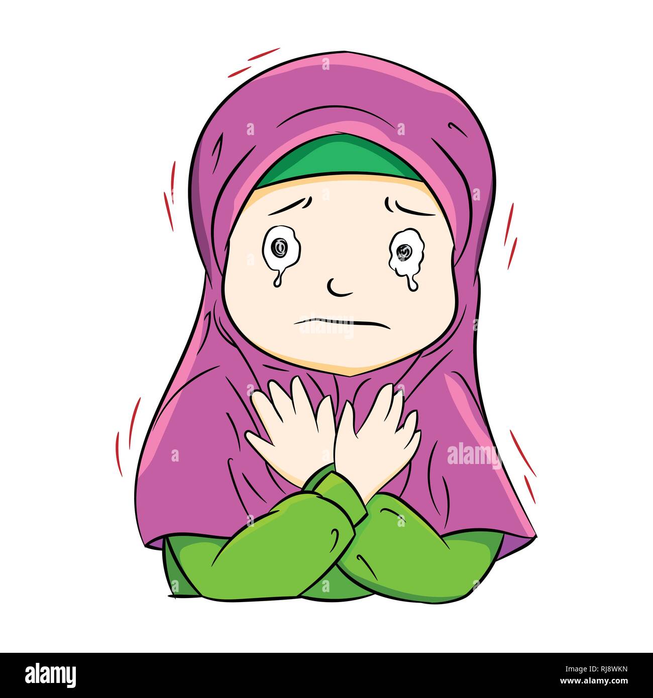 Illustration of crying muslim girl, isolate on white background. Vector Illustration Stock Vector